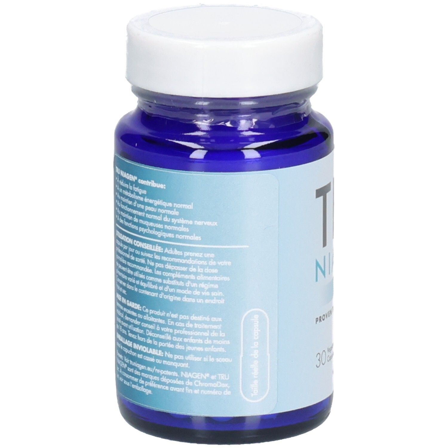 Dos du flacon bleu, bouchon blanc. Texte multilingue. Informations sur le produit.