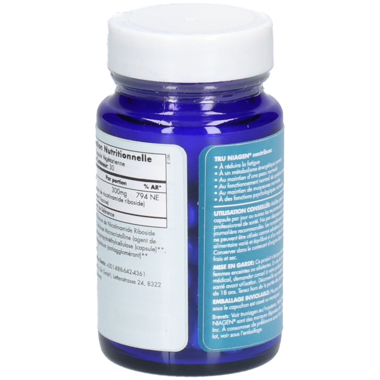 Dos du flacon bleu, bouchon blanc. Texte multilingue. Informations nutritionnelles.