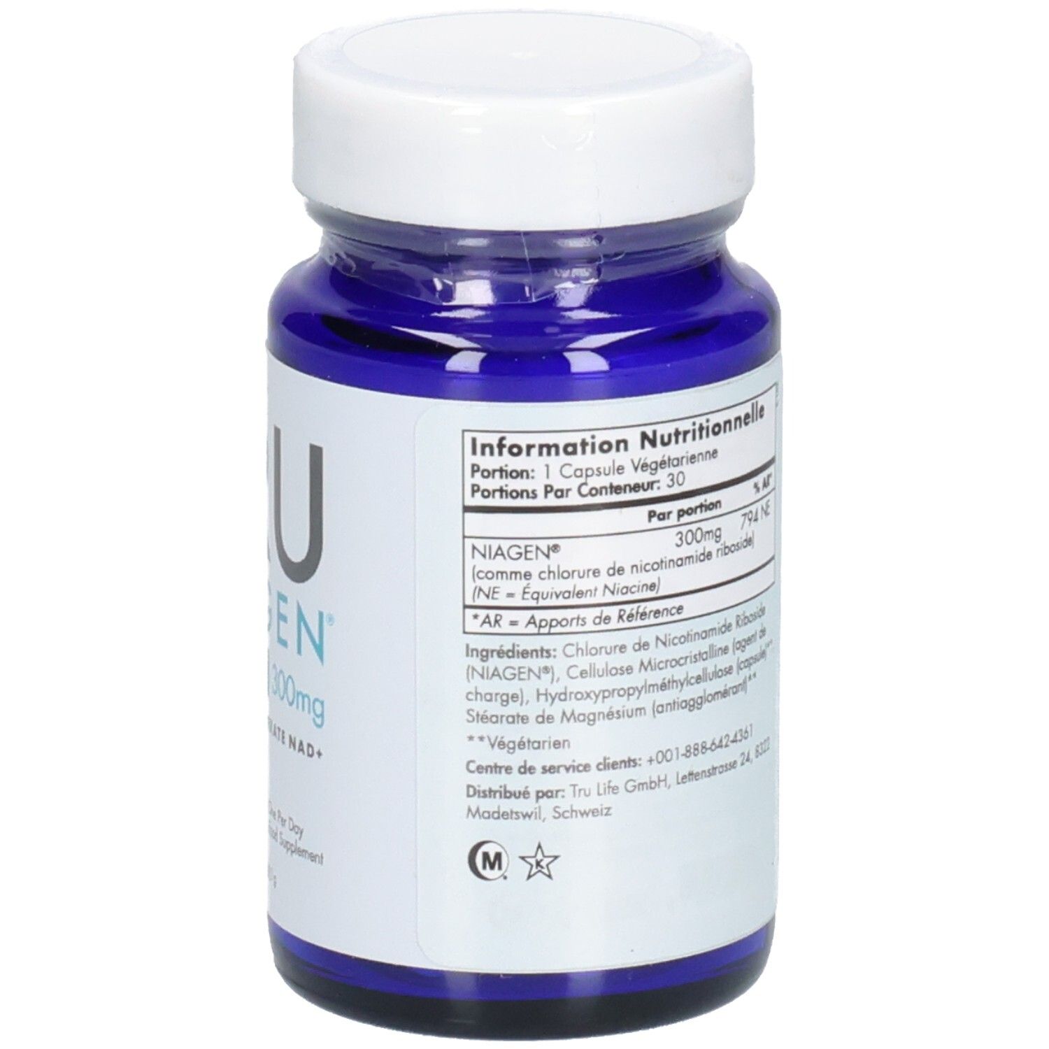 Flacon bleu, bouchon blanc. Texte: TRU NIAGEN 300mg. Informations nutritionnelles. Ingrédients.