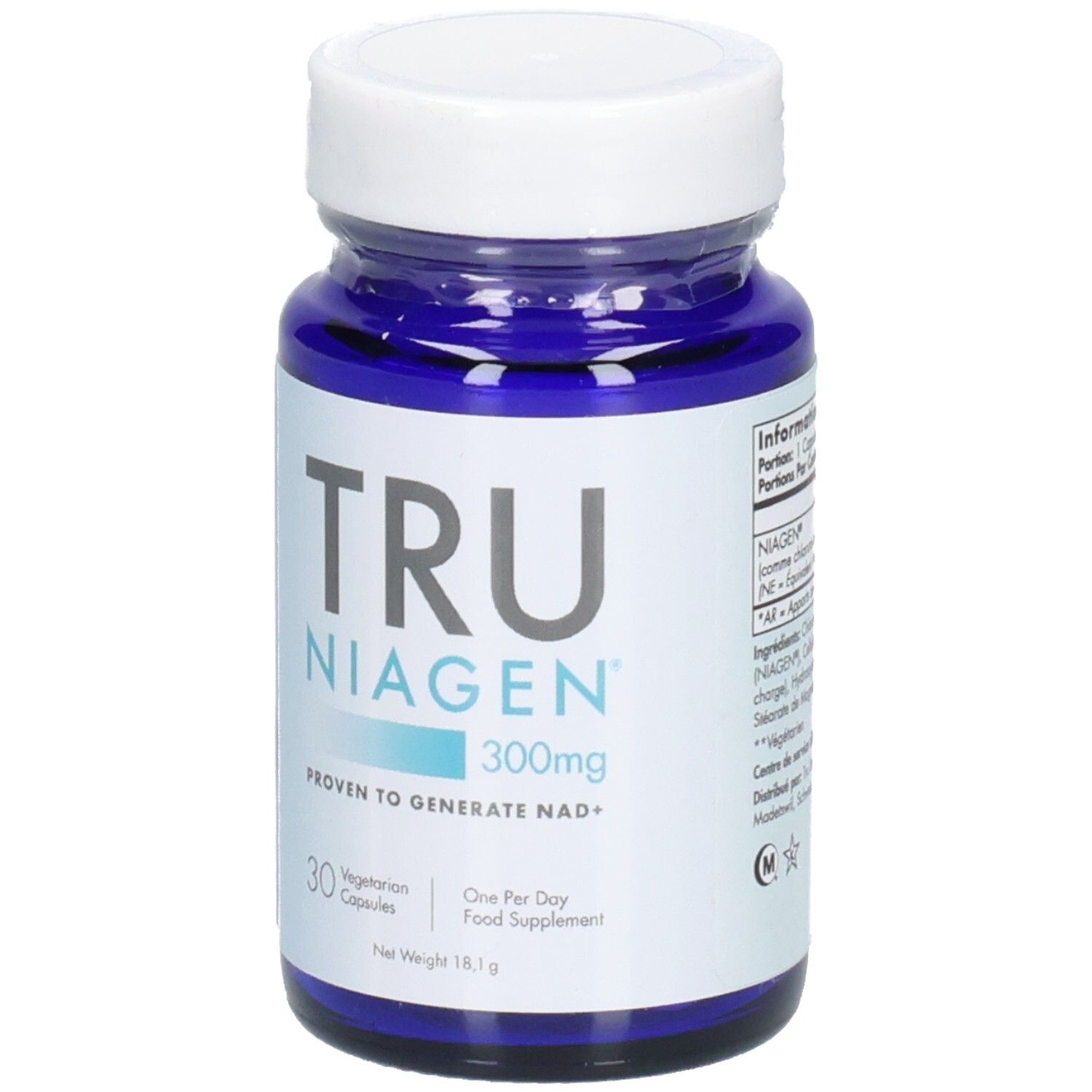 Flacon bleu, bouchon blanc. Inscription: TRU NIAGEN 300mg. 30 gélules végétariennes. Complément alimentaire.