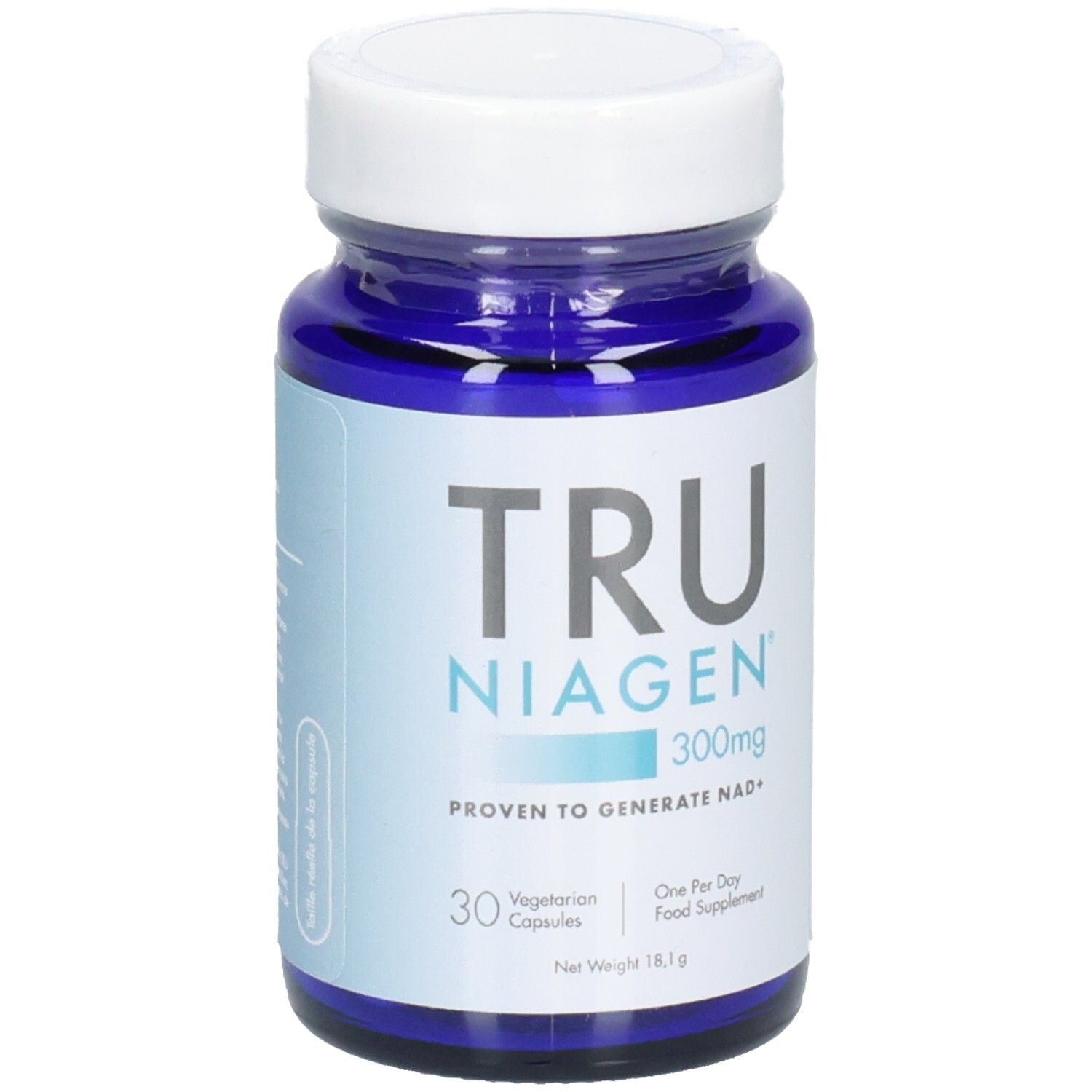 Flacon bleu, bouchon blanc. Inscription: TRU NIAGEN 300mg. 30 gélules végétariennes. Complément alimentaire.