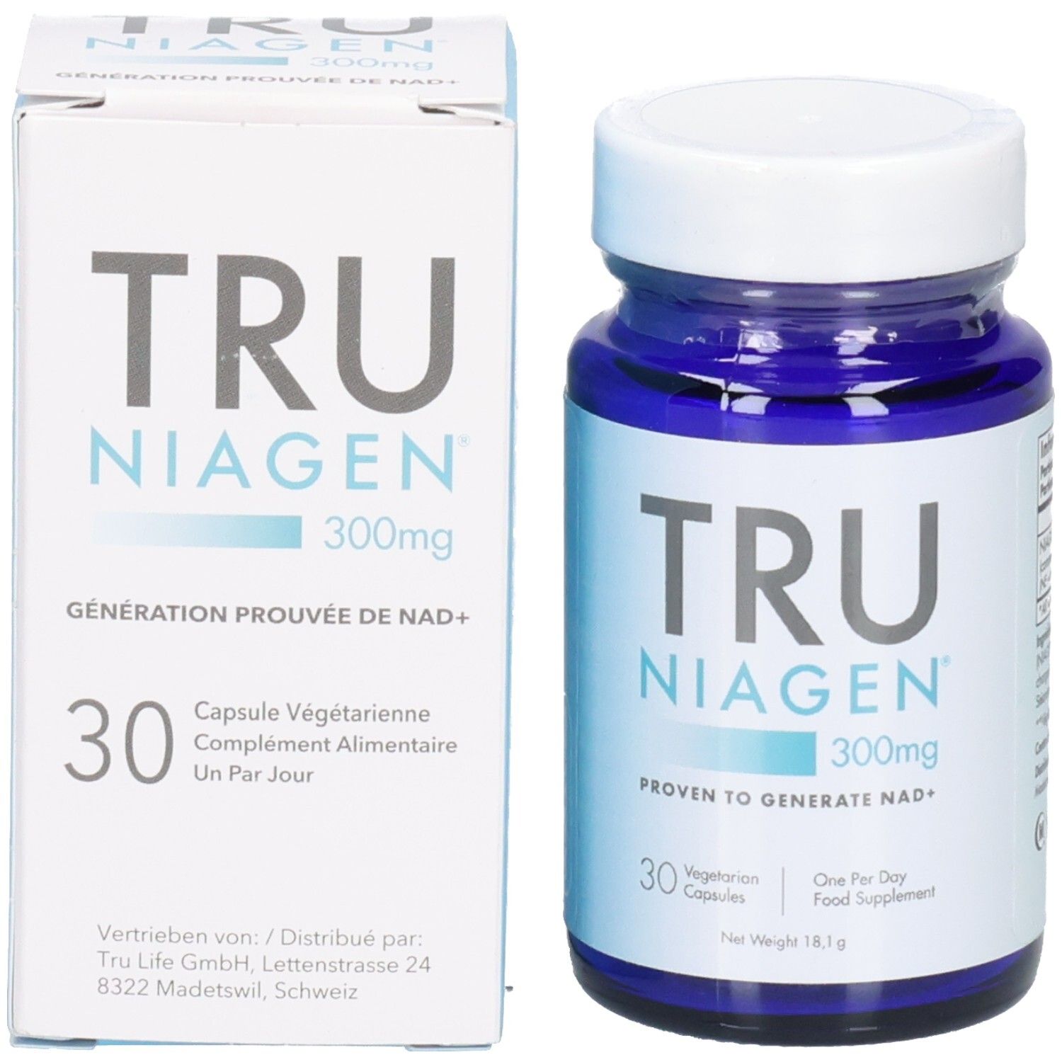 Emballage et flacon. Inscription: TRU NIAGEN 300mg. 30 gélules. Complément alimentaire.