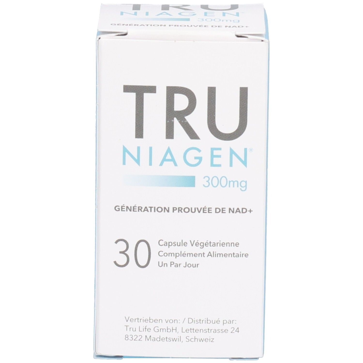 Emballage blanc. Inscription: TRU NIAGEN 300mg. 30 gélules. Complément alimentaire.