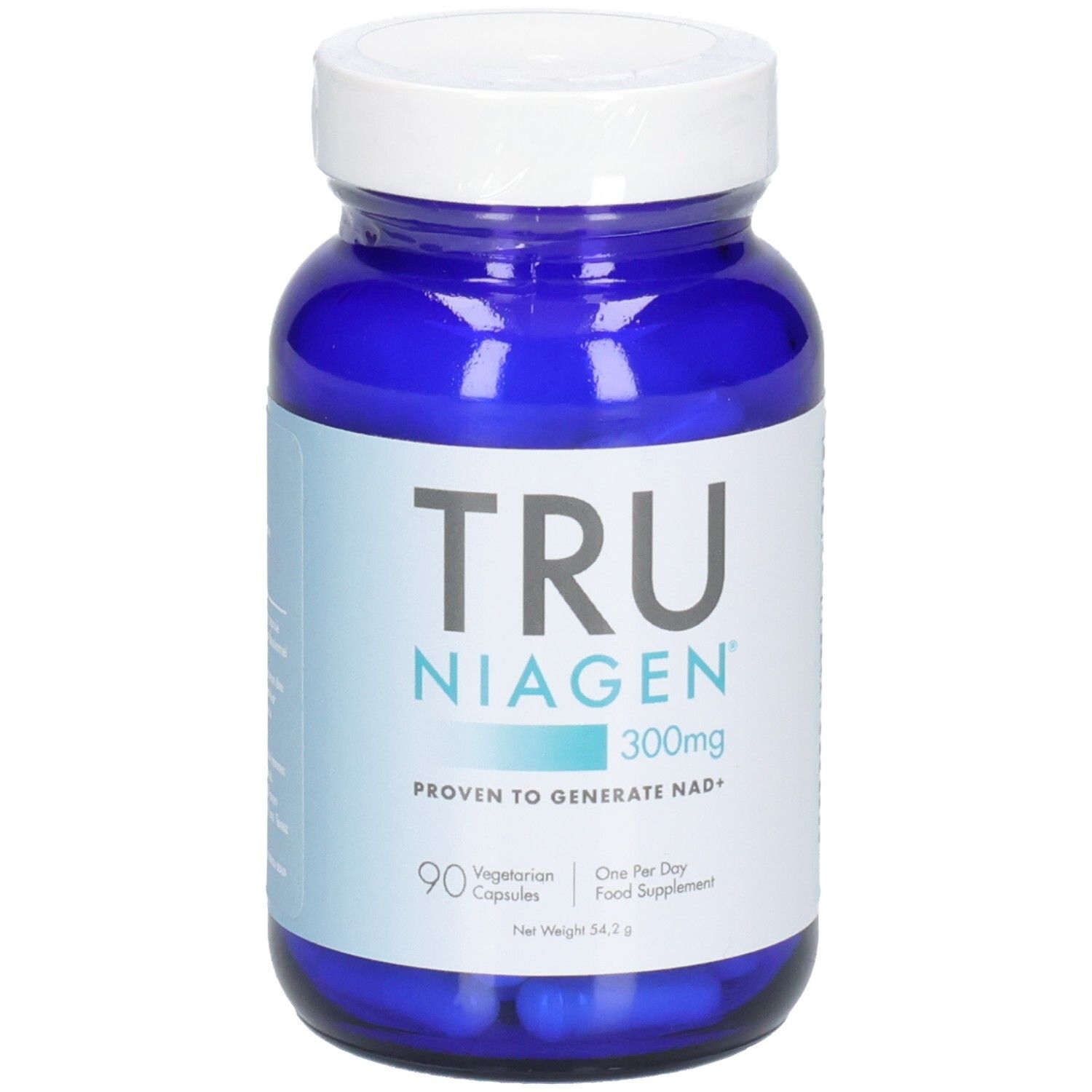 Flacon bleu avec bouchon blanc. Inscription: TRU NIAGEN 300mg. 90 gélules végétariennes. "Proven to generate NAD+".