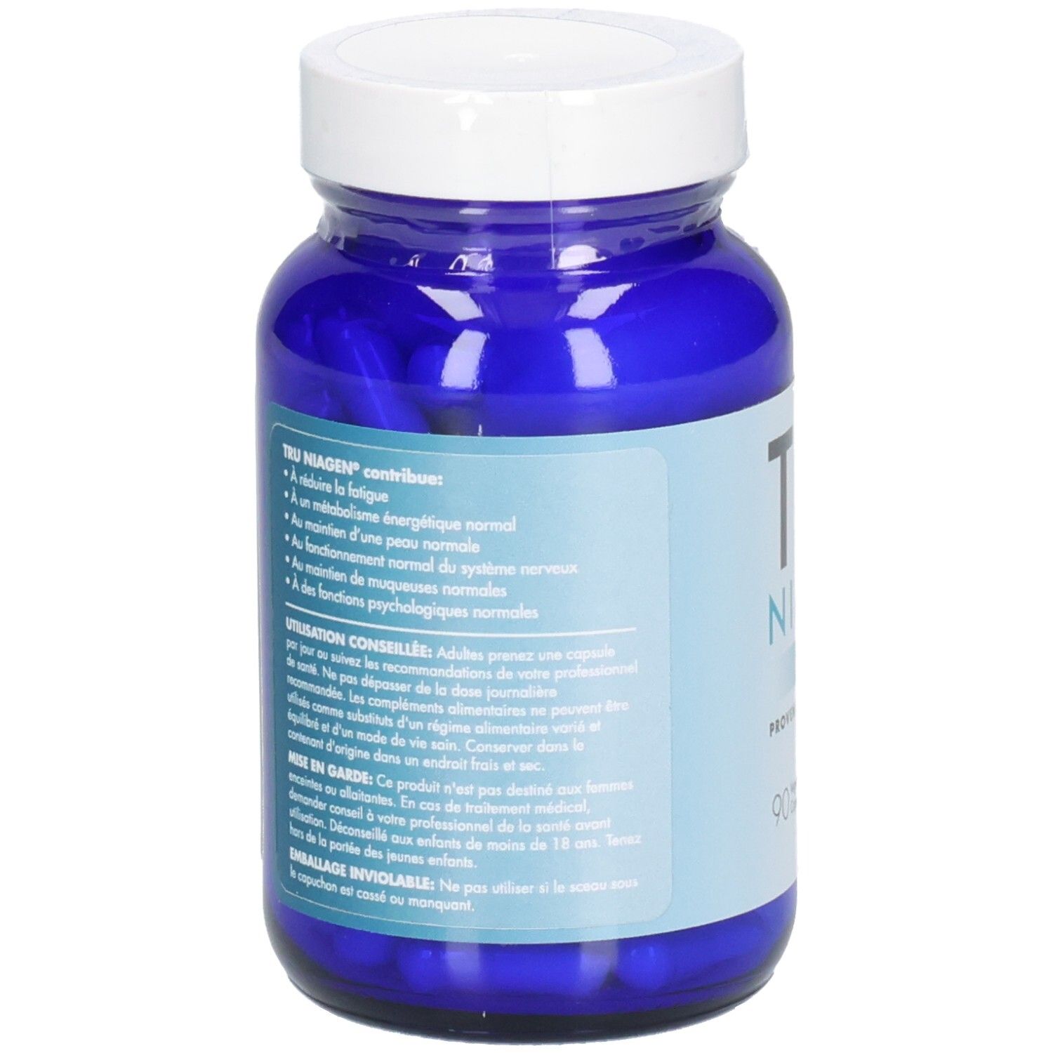 Dos d'une bouteille bleue avec bouchon blanc. Texte: TRU NIAGEN. Informations sur l'utilisation et les ingrédients.