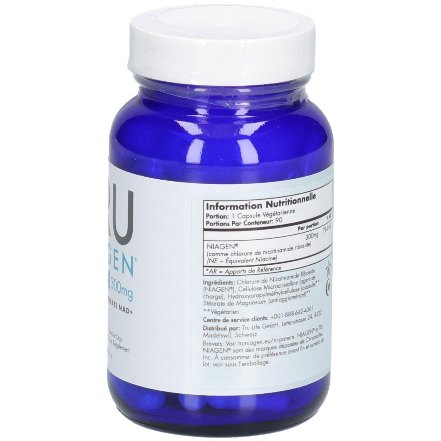 Flacon bleu avec bouchon blanc. Inscription: TRU NIAGEN. Informations sur les ingrédients et l'utilisation.