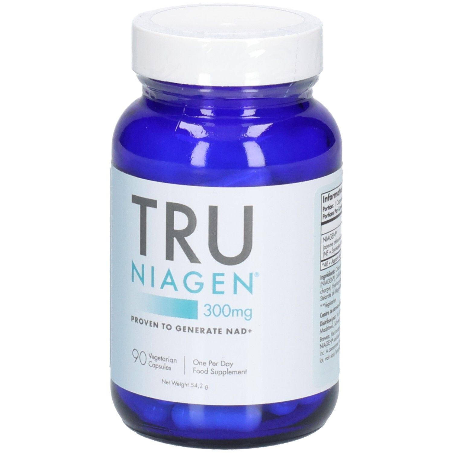 Flacon bleu avec bouchon blanc. Inscription: TRU NIAGEN 300mg. 90 gélules végétariennes. "Proven to generate NAD+".