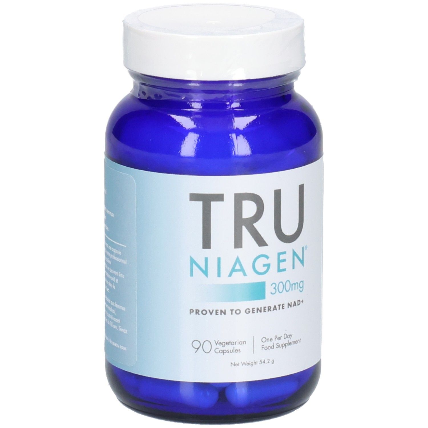Flacon bleu avec bouchon blanc. Inscription: TRU NIAGEN 300mg. 90 gélules végétariennes. "Proven to generate NAD+".