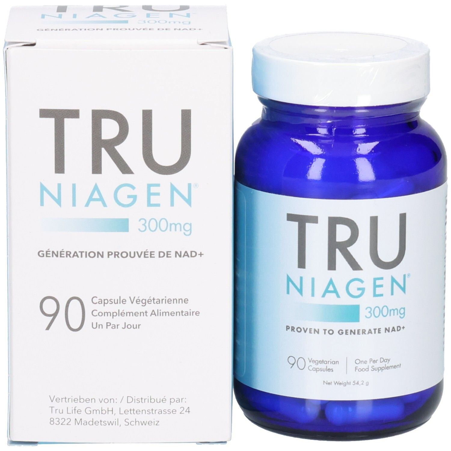 Emballage et flacon du produit. Inscription: TRU NIAGEN 300mg. 90 gélules. "Proven to generate NAD+".