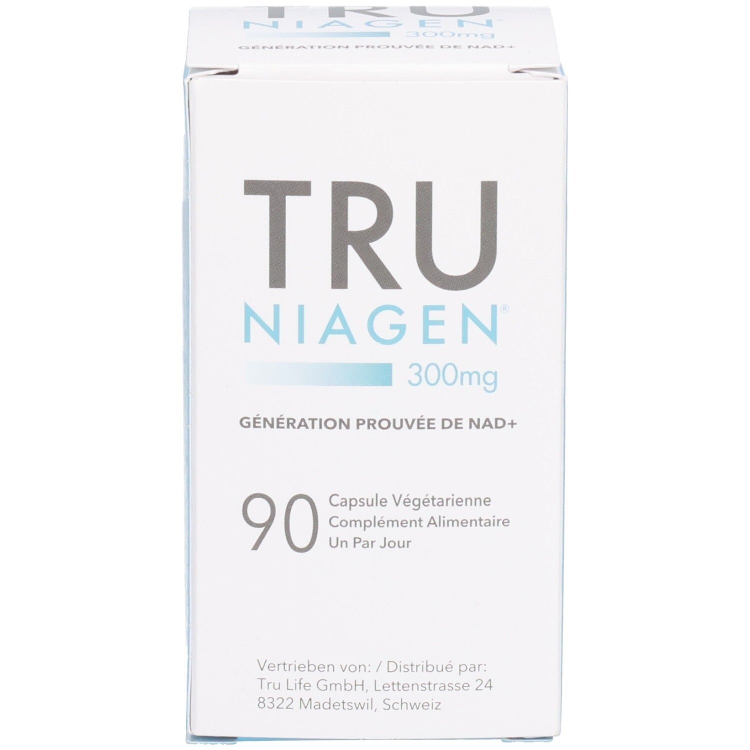 Emballage blanc du produit. Inscription: TRU NIAGEN 300mg. 90 gélules. "Proven to generate NAD+".