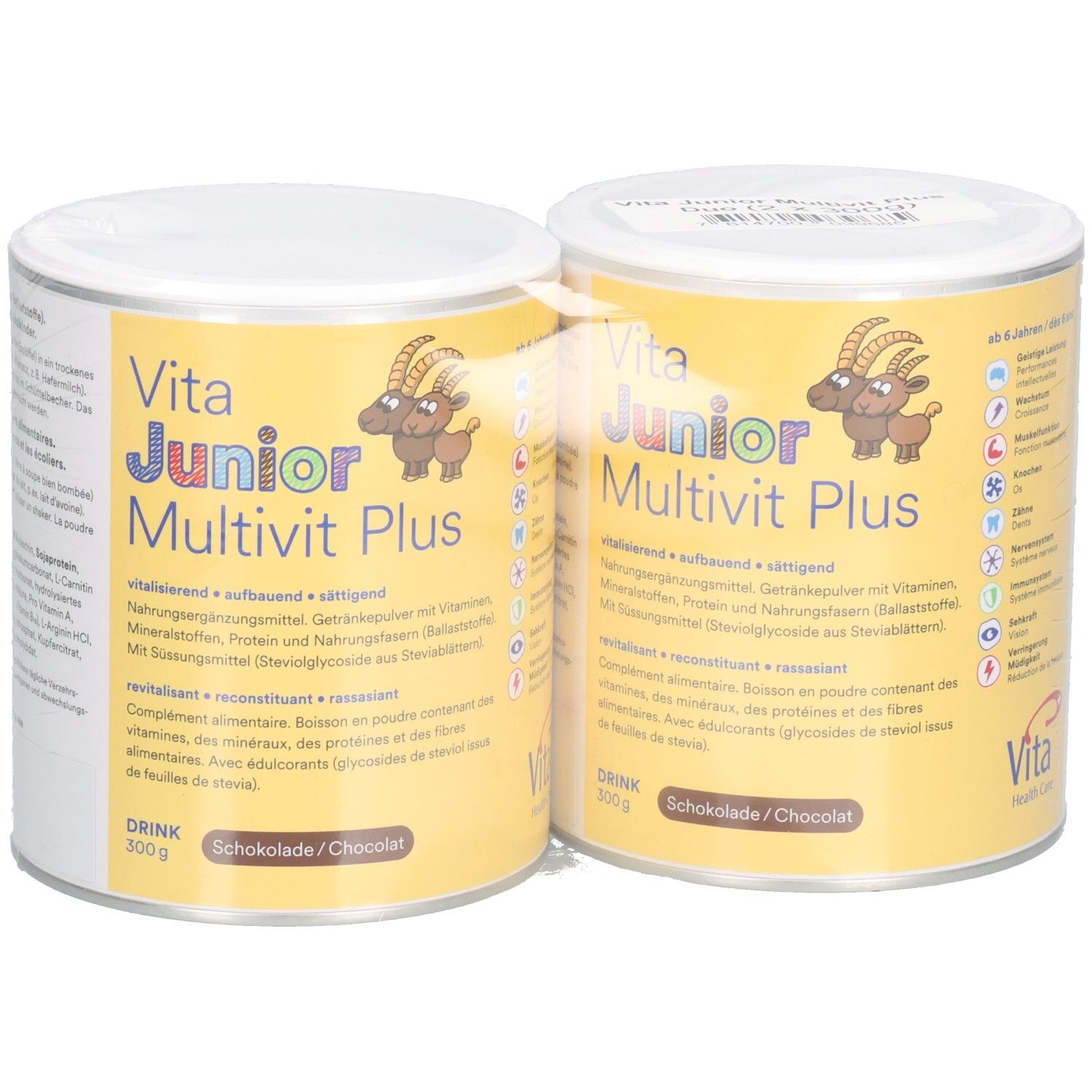 Zwei Dosen Vita Junior Multivit Plus, gelb-weiß. Aufschrift: Drink, Schokolade. Mit Ziegen-Logo. 300g.