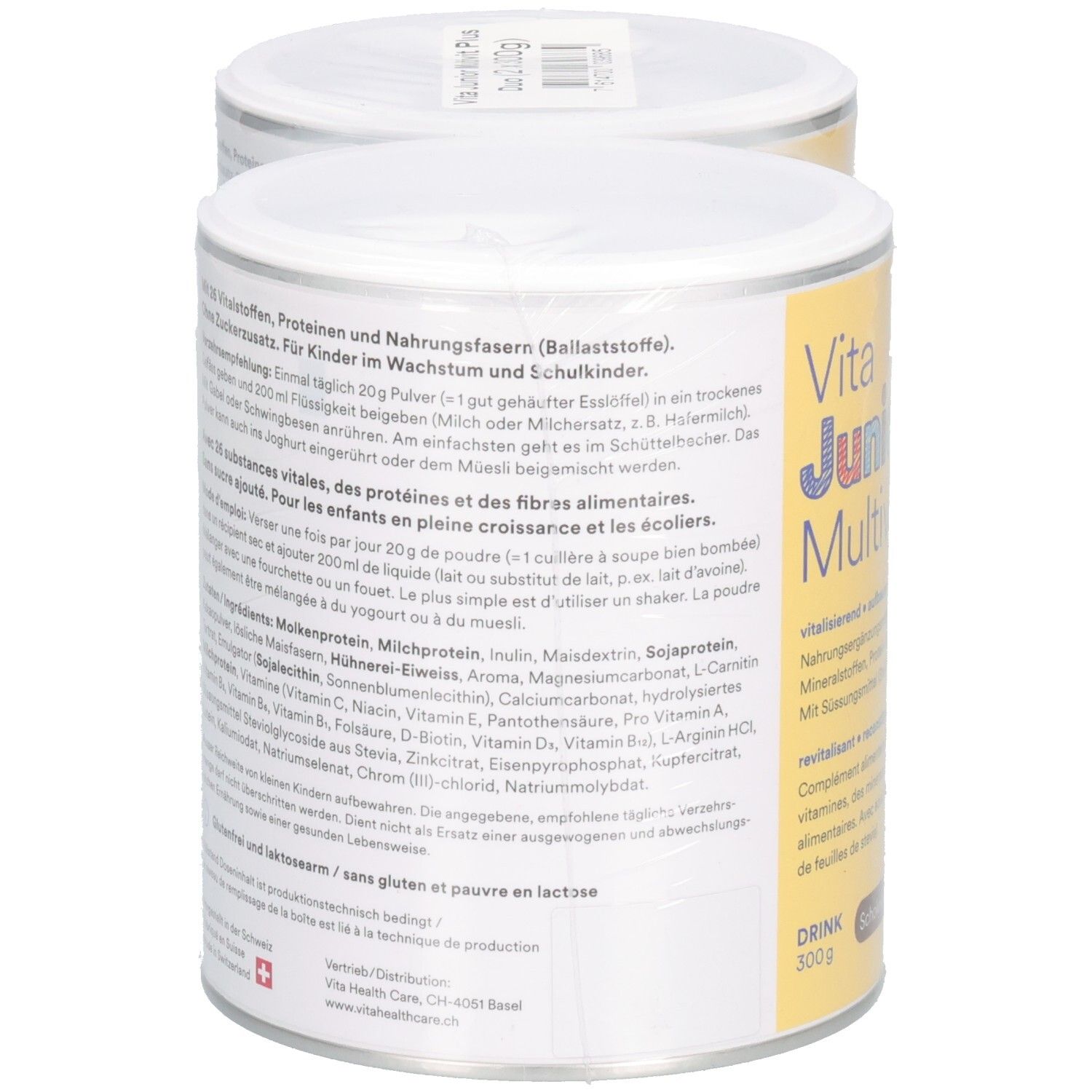 Rückseite einer Dose Vita Junior Multivit Plus. Text: Nährwertangaben, Inhaltsstoffe. Weißer Deckel. 300g.