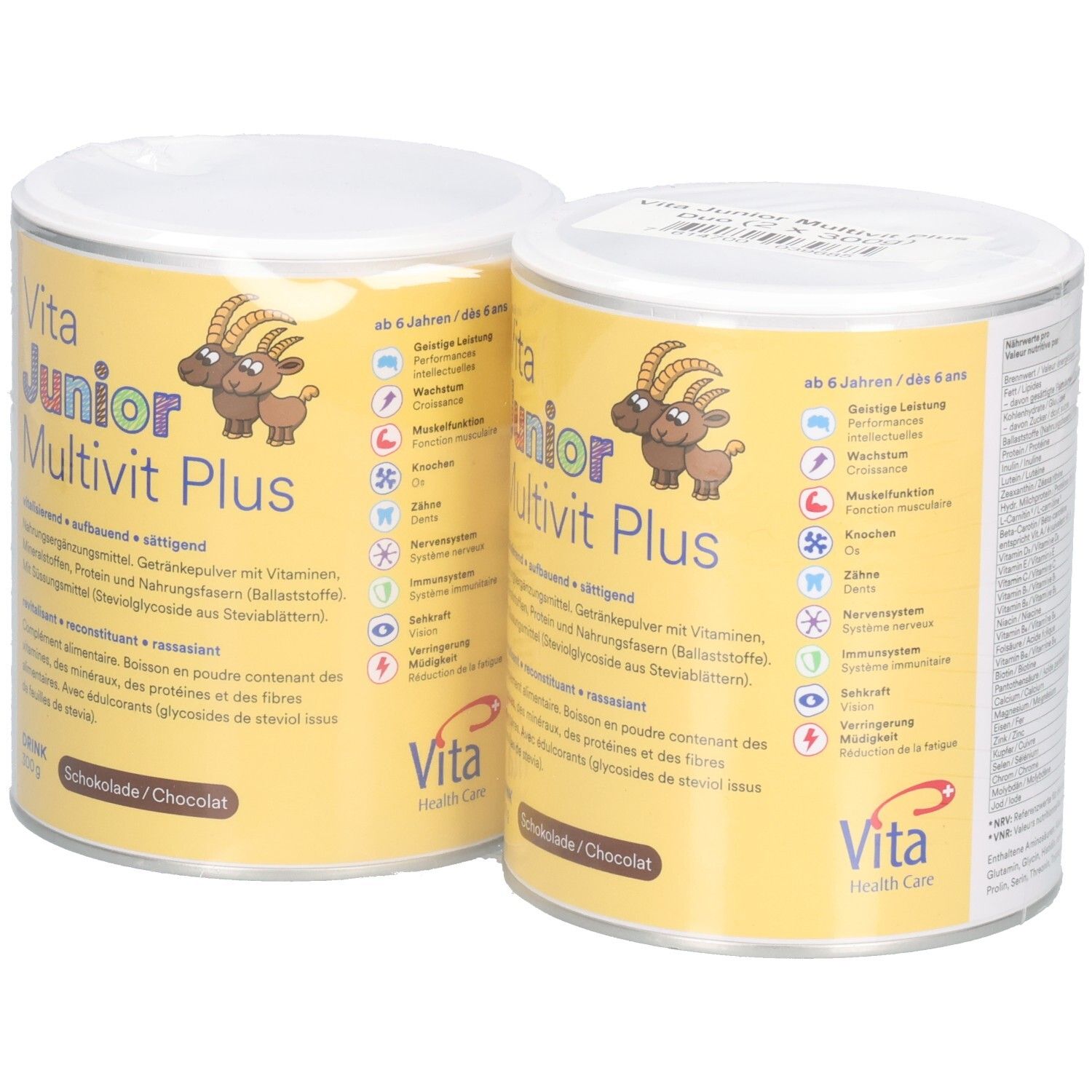 Zwei Dosen Vita Junior Multivit Plus, gelb-weiß. Aufschrift: Drink, Schokolade. Mit Ziegen-Logo. 300g.