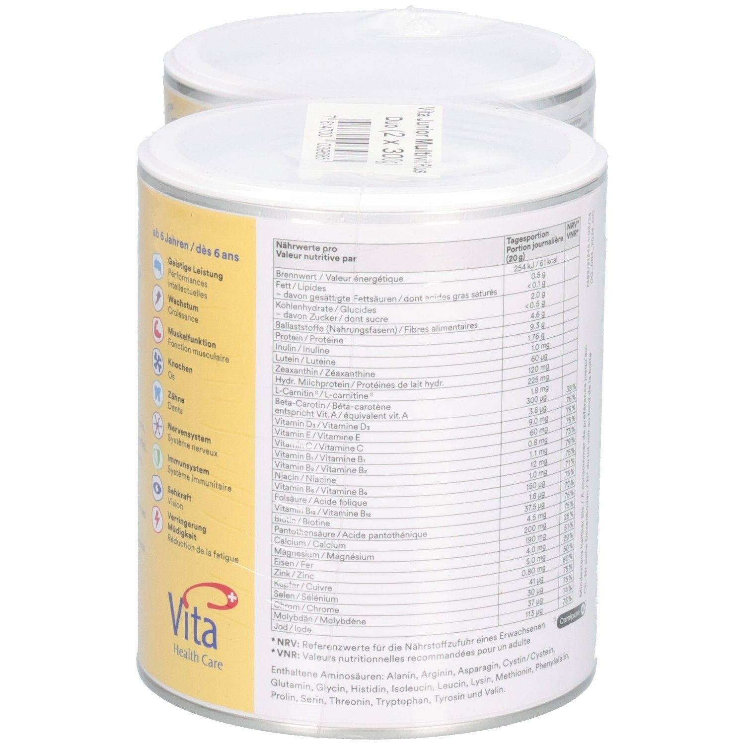 Rückseite von zwei Dosen Vita Junior Multivit Plus. Text: Nährwertangaben, Inhaltsstoffe. Weißer Deckel. 300g.