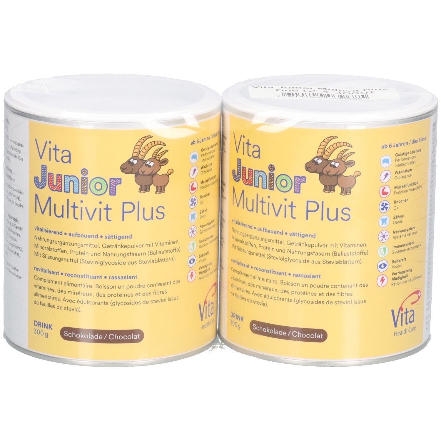 Zwei Dosen Vita Junior Multivit Plus, gelb-weiß. Aufschrift: Drink, Schokolade. Mit Ziegen-Logo. 300g.