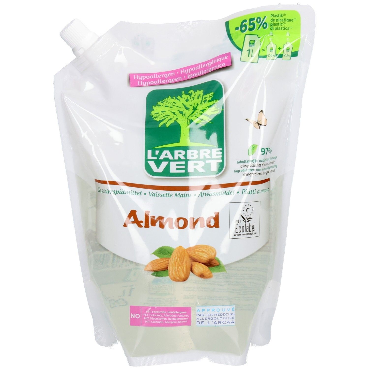 Recharge L'ARBRE VERT pour liquide vaisselle Amande. Sachet blanc, logo vert, illustration d'amandes. Texte: Hypoallergénique.