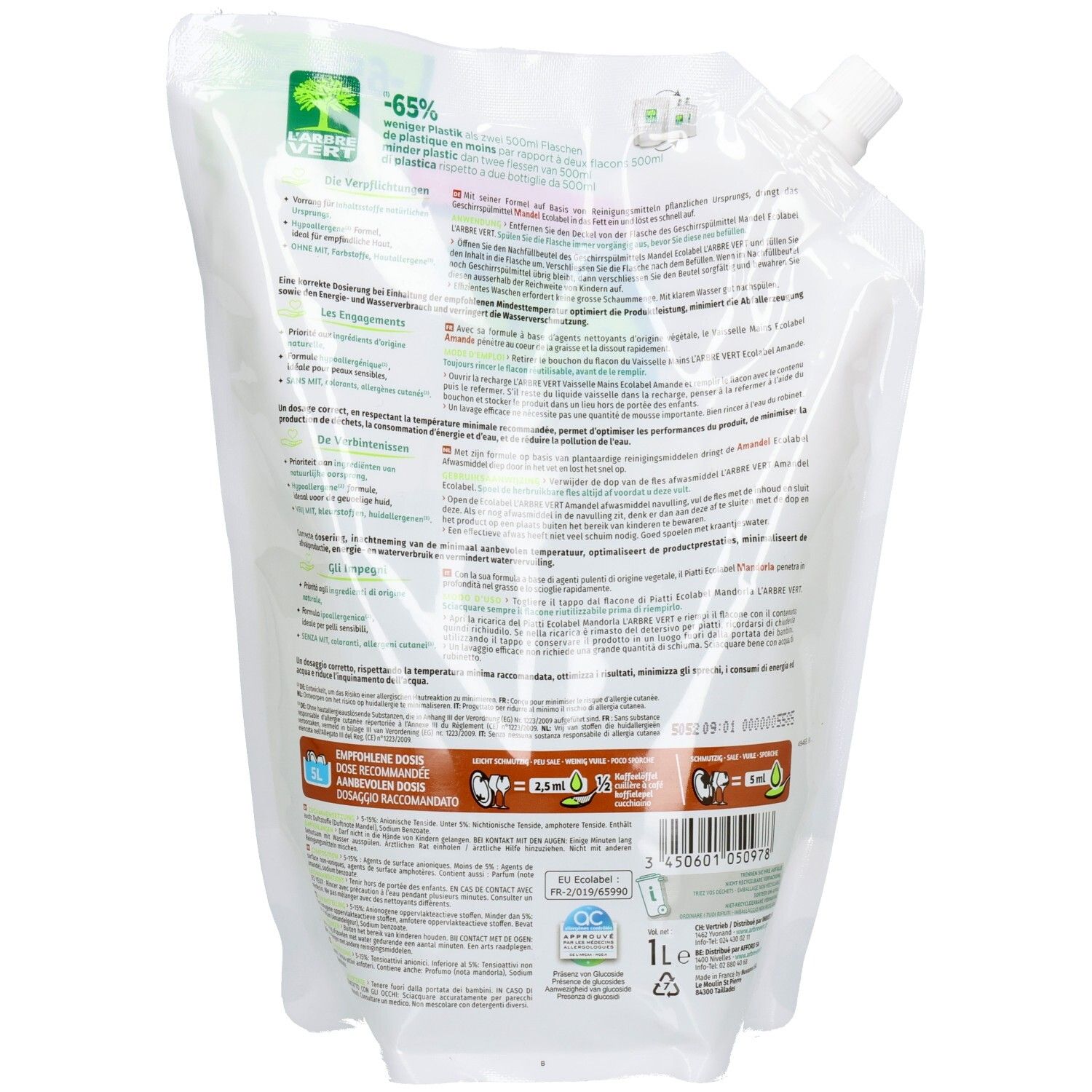 Dos du sachet de recharge L'ARBRE VERT pour liquide vaisselle Amande. Texte multilingue. Informations sur la composition et l'utilisation.
