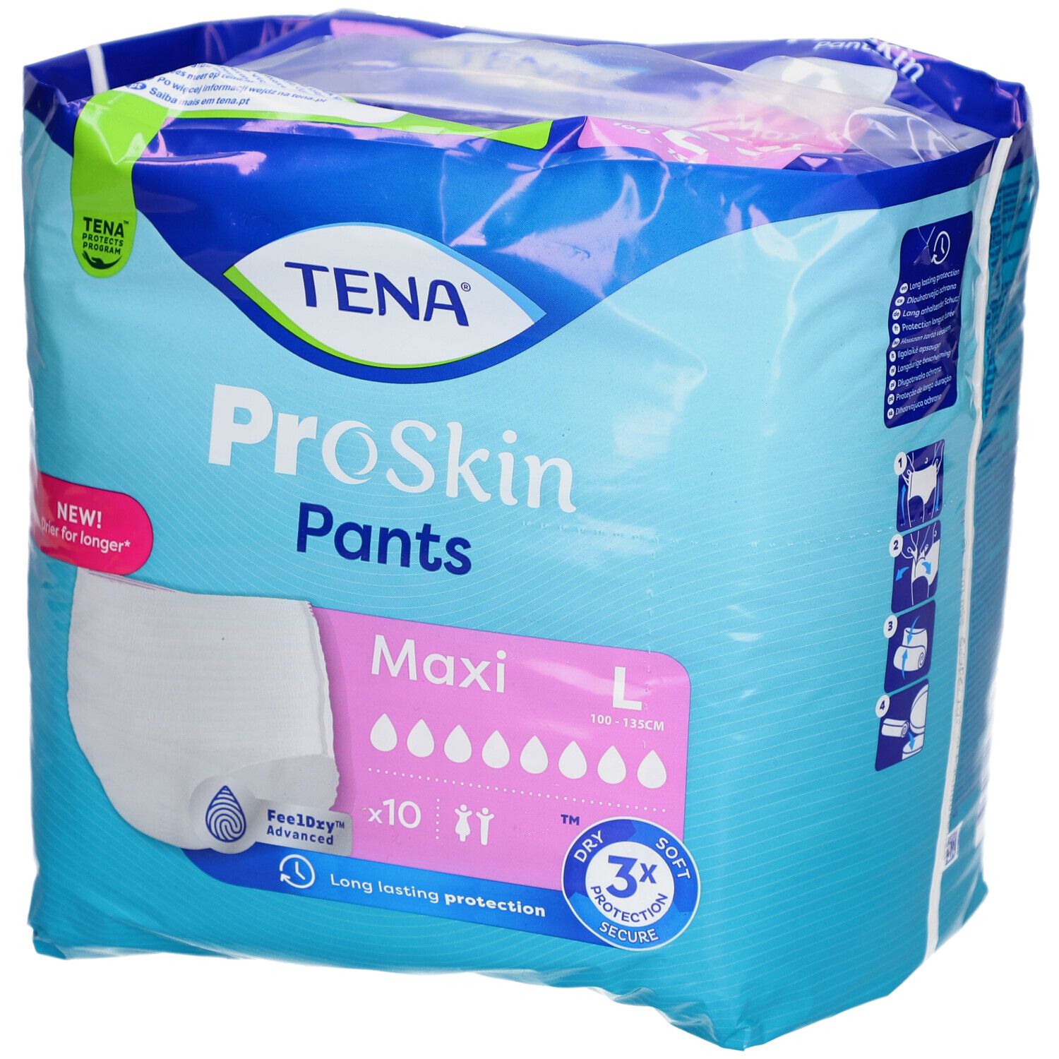 Verpackung TENA ProSkin Pants Maxi, Größe L, 100-135 cm. 10 Stück. Mit 3x Schutz. Feeldry Advanced. Blau-weißes Design.