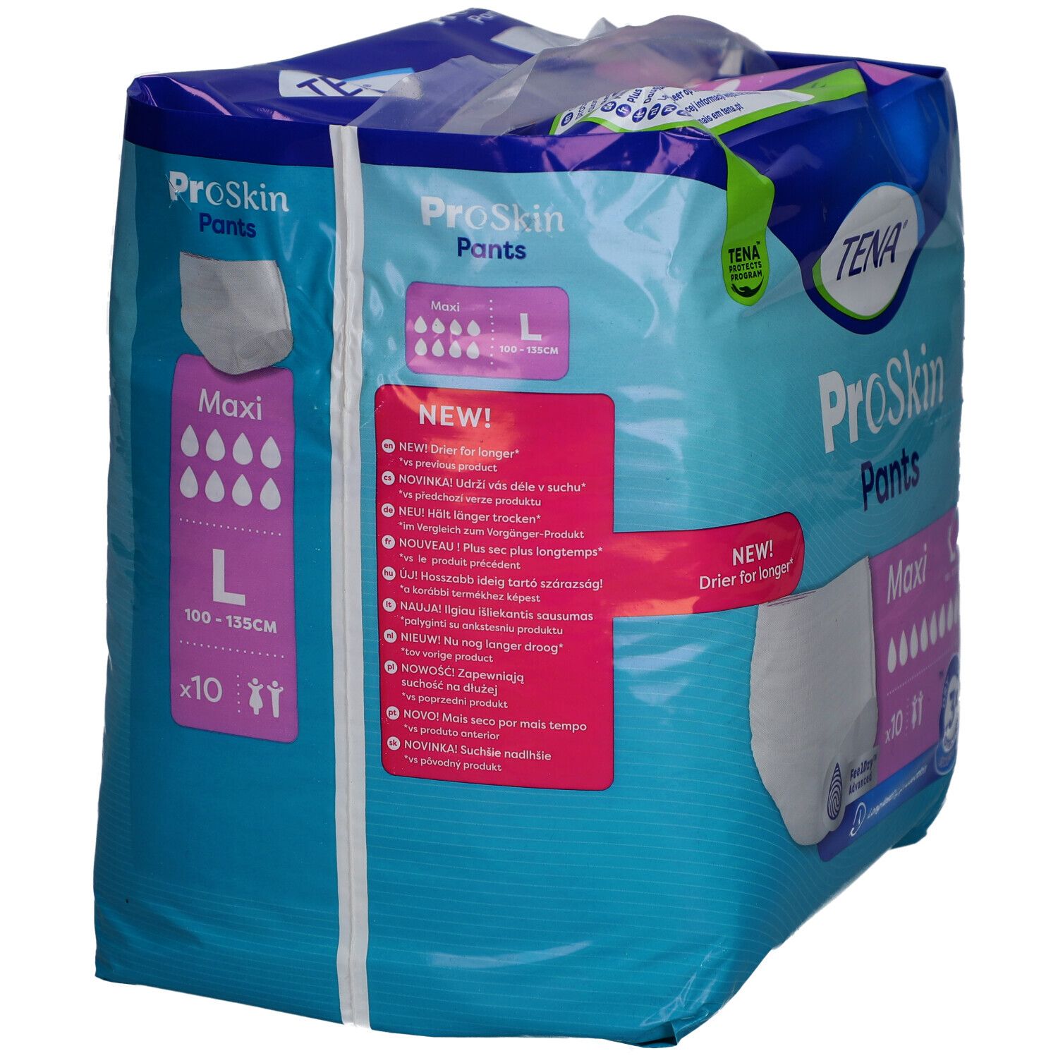 Verpackung TENA ProSkin Pants Maxi, Größe L, 100-135 cm. Mehrsprachige Texte. Blau-weißes Design. Produktinformationen.