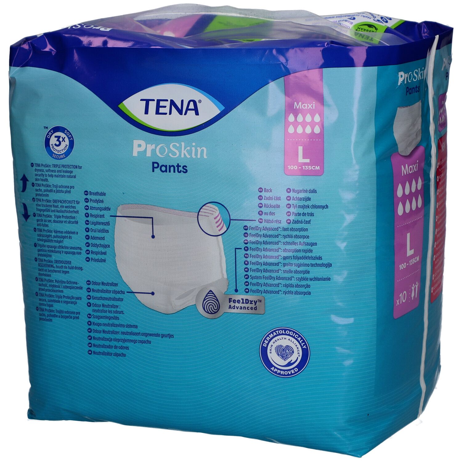 Verpackung TENA ProSkin Pants Maxi, Größe L, 100-135 cm. Dermatologisch getest. 3x Schutz. Feeldry Advanced. Blau-weißes Design.