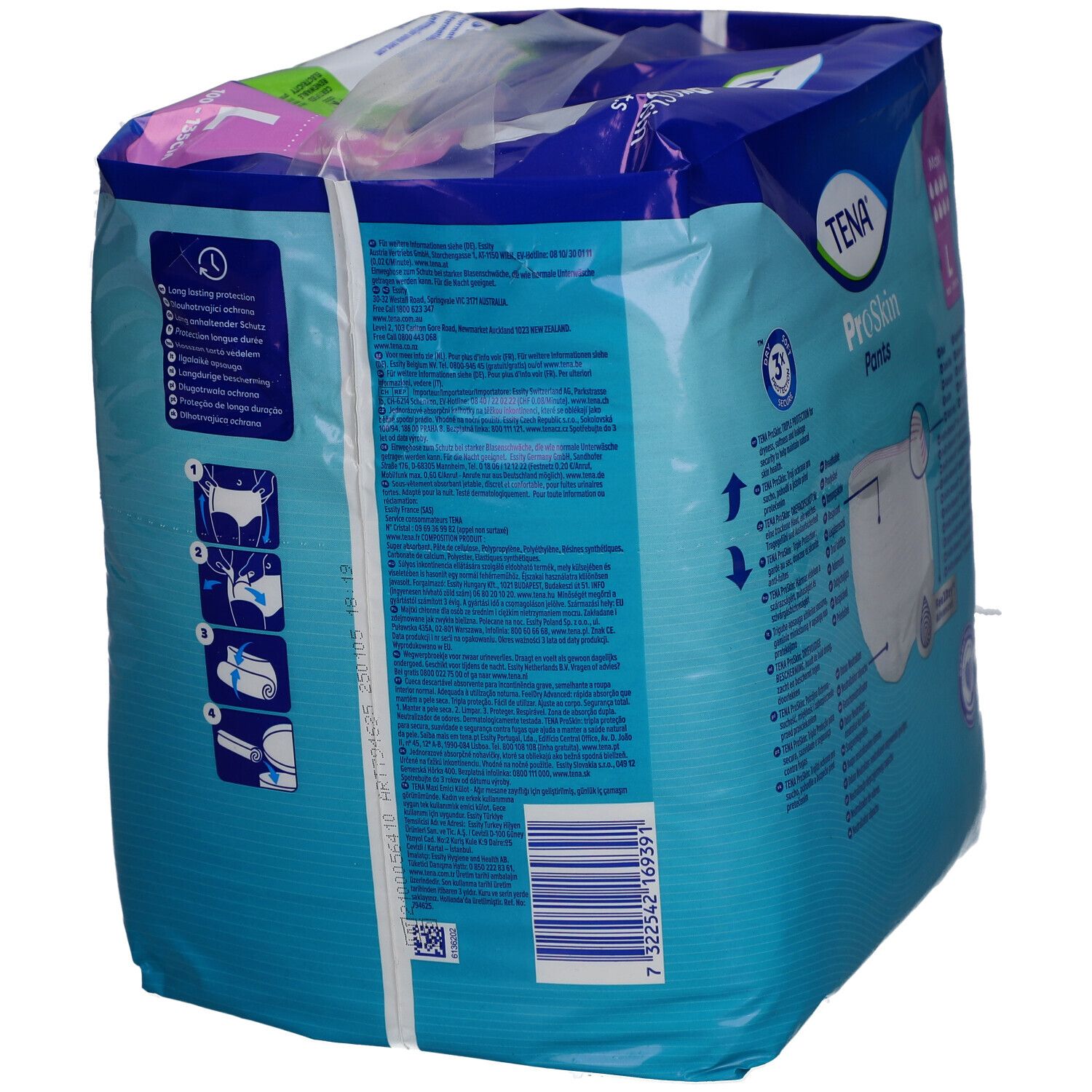Rückseite der TENA ProSkin Pants Maxi Verpackung. Produktinformationen, Piktogramme, Barcode. Blau-weißes Design.