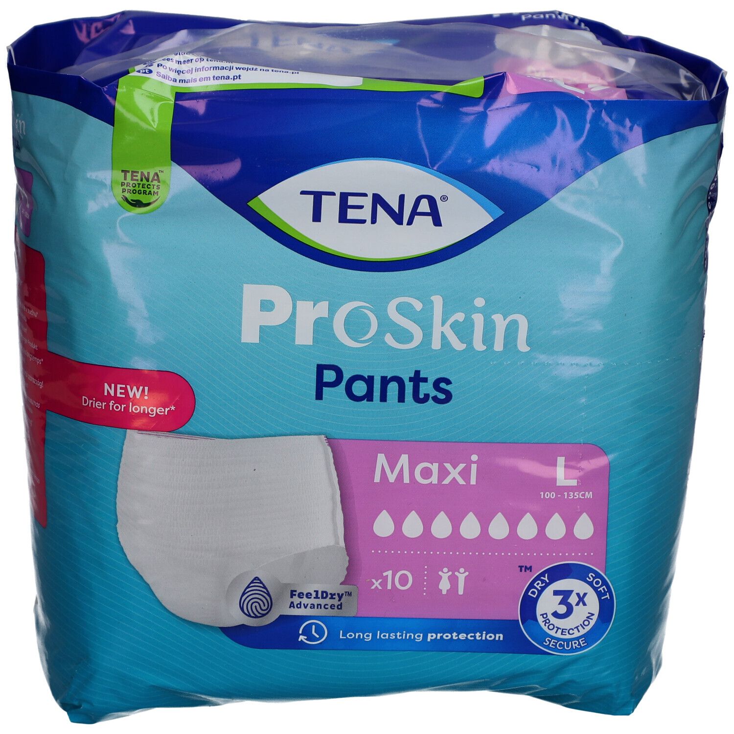 Verpackung TENA ProSkin Pants Maxi, Größe L, 100-135 cm. 10 Stück. 3x Schutz. Feeldry Advanced. Blau-weißes Design.