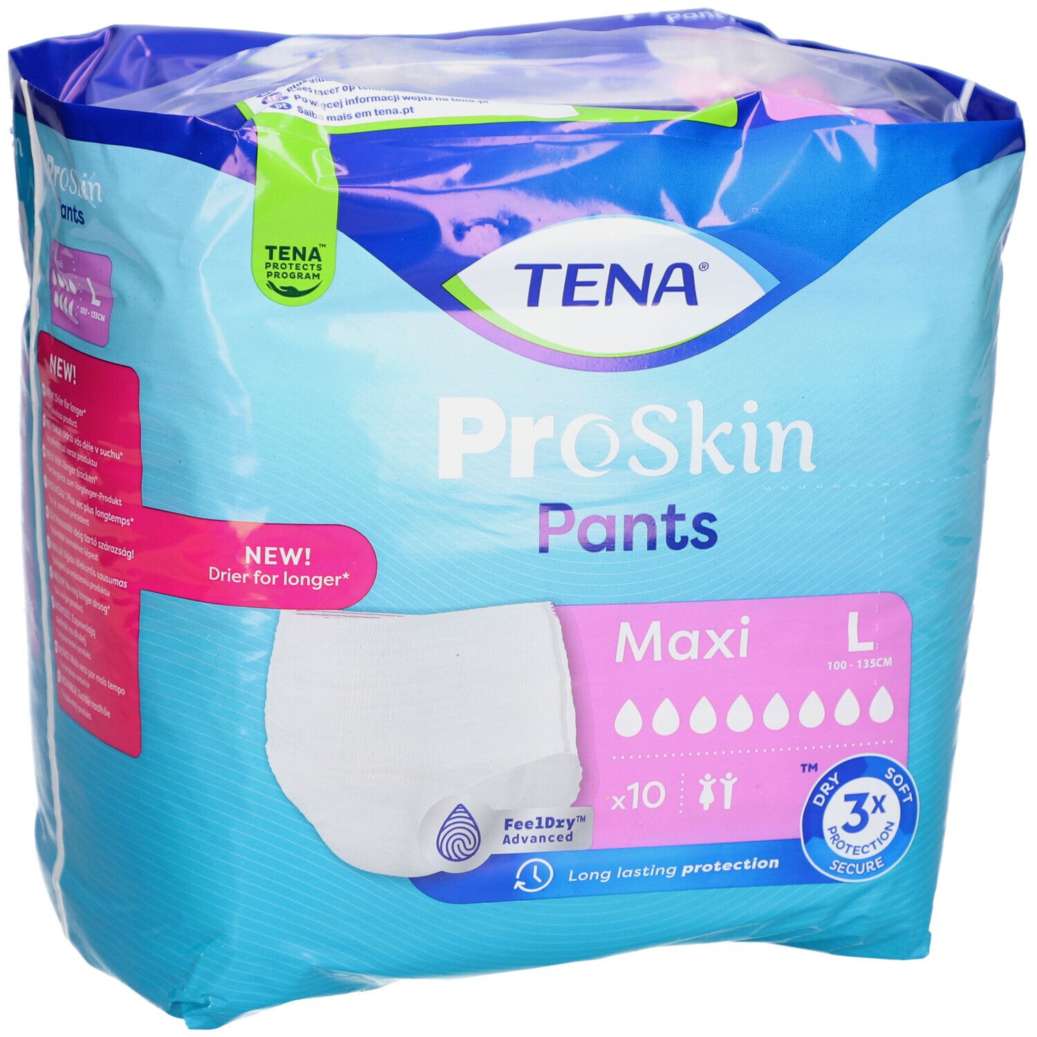 Verpackung TENA ProSkin Pants Maxi, Größe L, 100-135 cm. 10 Stück. 3x Schutz. Feeldry Advanced. Blau-weißes Design.