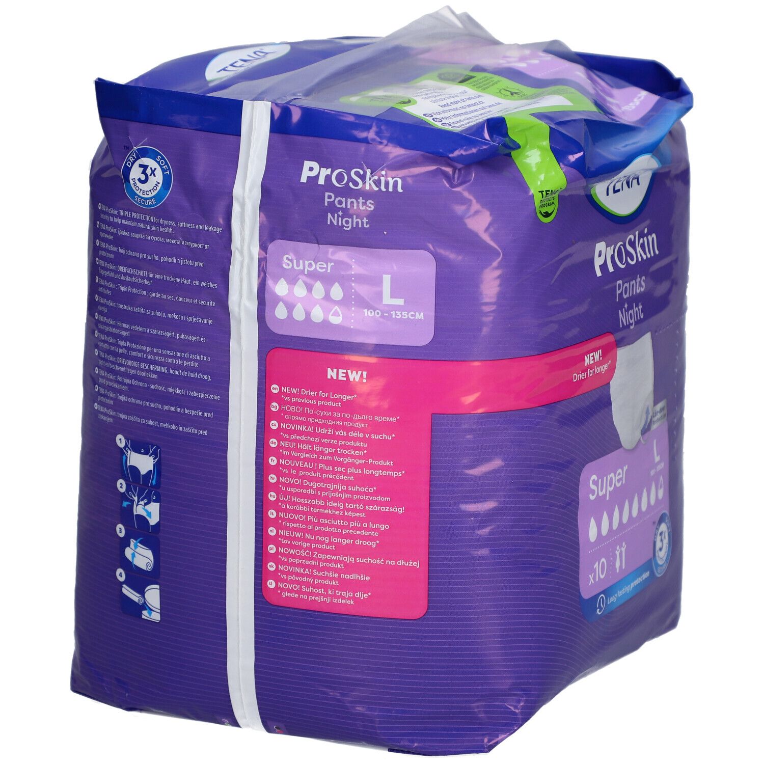 Rückseite der TENA ProSkin Pants Night Super L Verpackung. Lila Verpackung mit Produktinformationen und Piktogrammen.