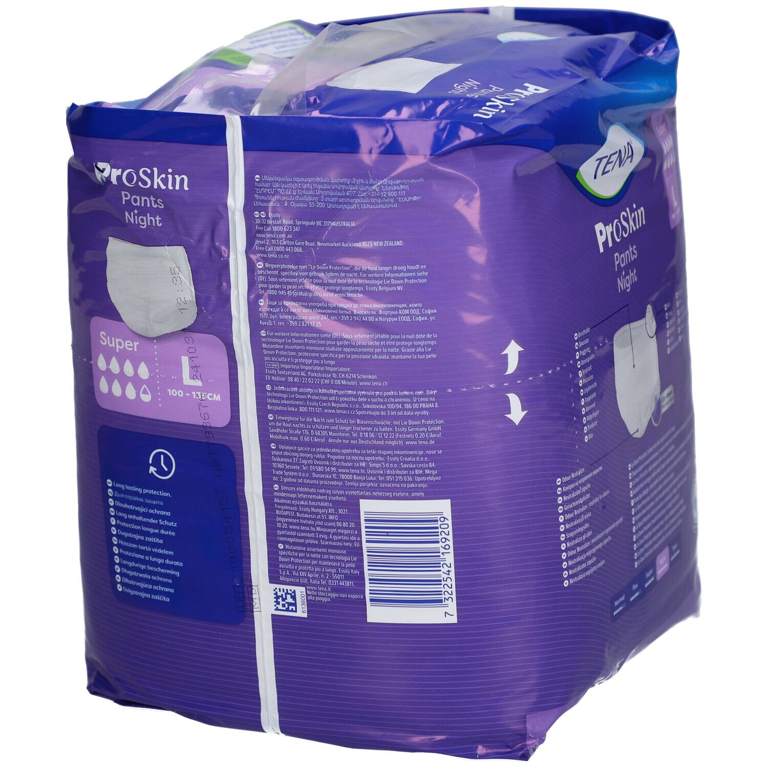 Rückseite der TENA ProSkin Pants Night Super L Verpackung. Lila Verpackung mit Produktinformationen und Piktogrammen.