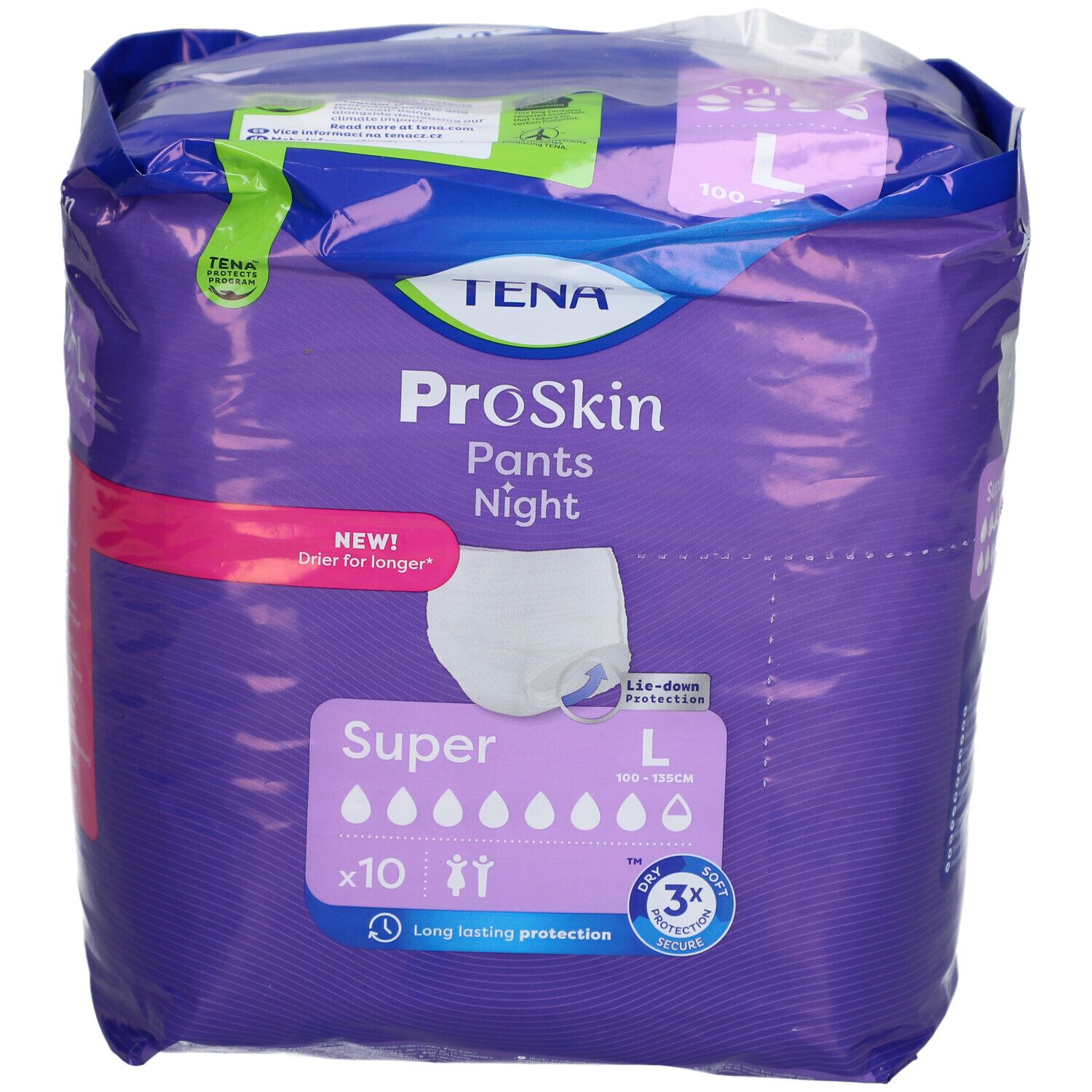 Verpackung TENA ProSkin Pants Night Super L. Lila Verpackung mit Produktabbildung und Angaben zu Größe, Saugstärke und Anzahl.