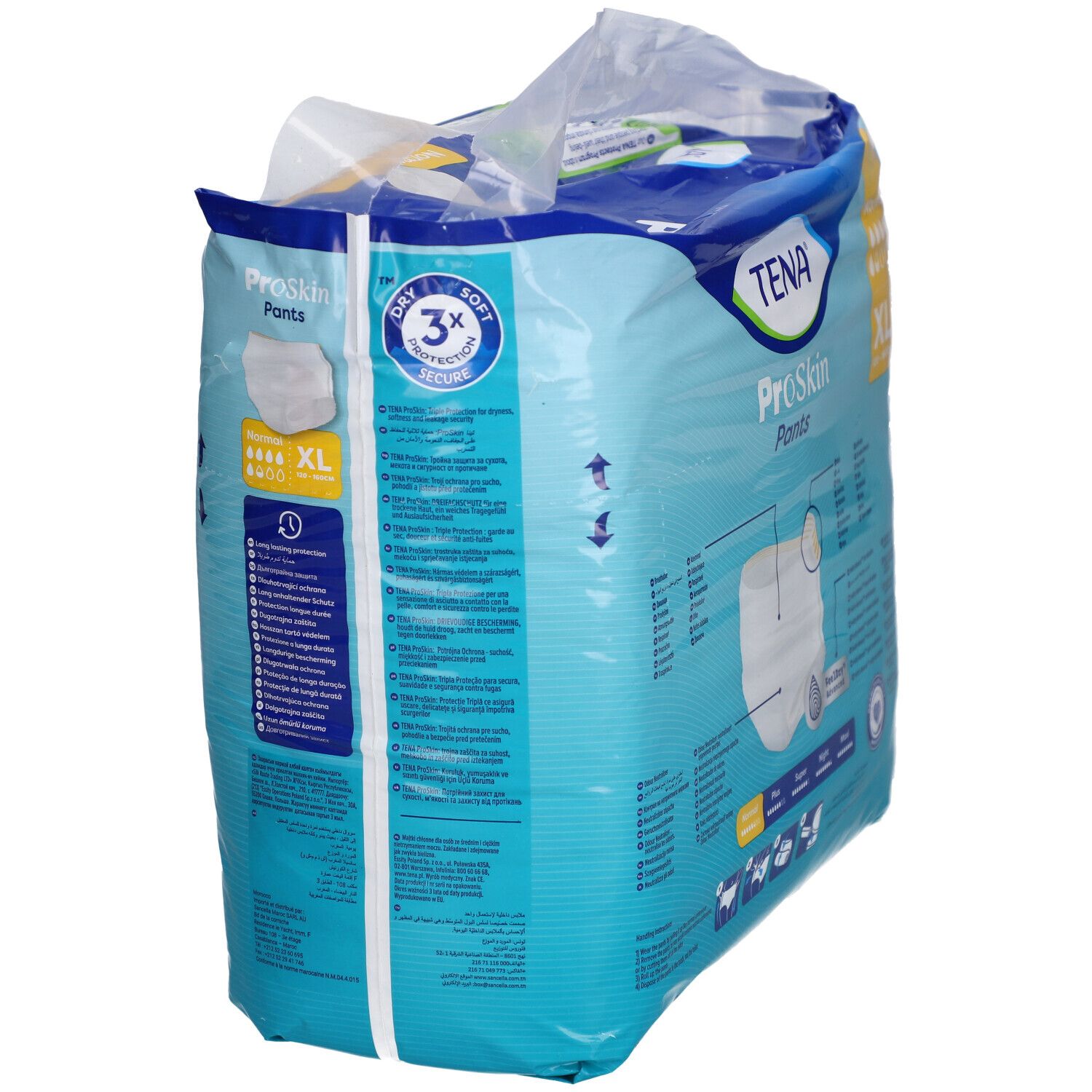 Rückseite der TENA ProSkin Pants Normal XL Verpackung. Informationen und Produktmerkmale auf blauem Hintergrund.