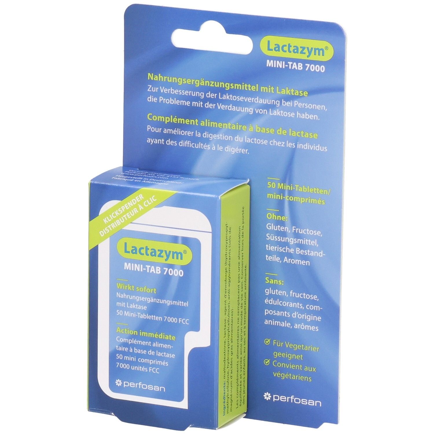 Emballage de Lactazym Mini-Tab 7000, 50 mini-comprimés. Contient de la lactase pour améliorer la digestion du lactose.