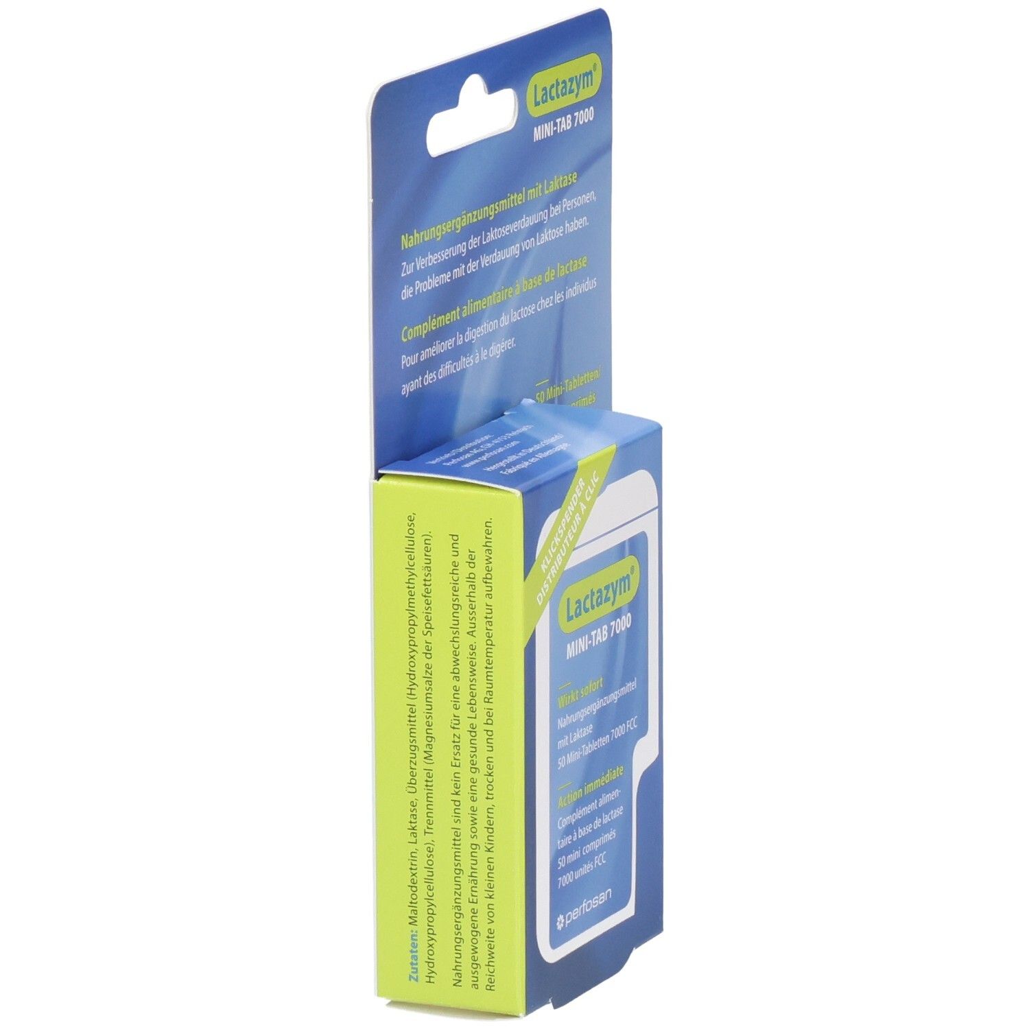 Vue latérale de l'emballage Lactazym Mini-Tab 7000 avec informations détaillées sur le produit et les ingrédients.