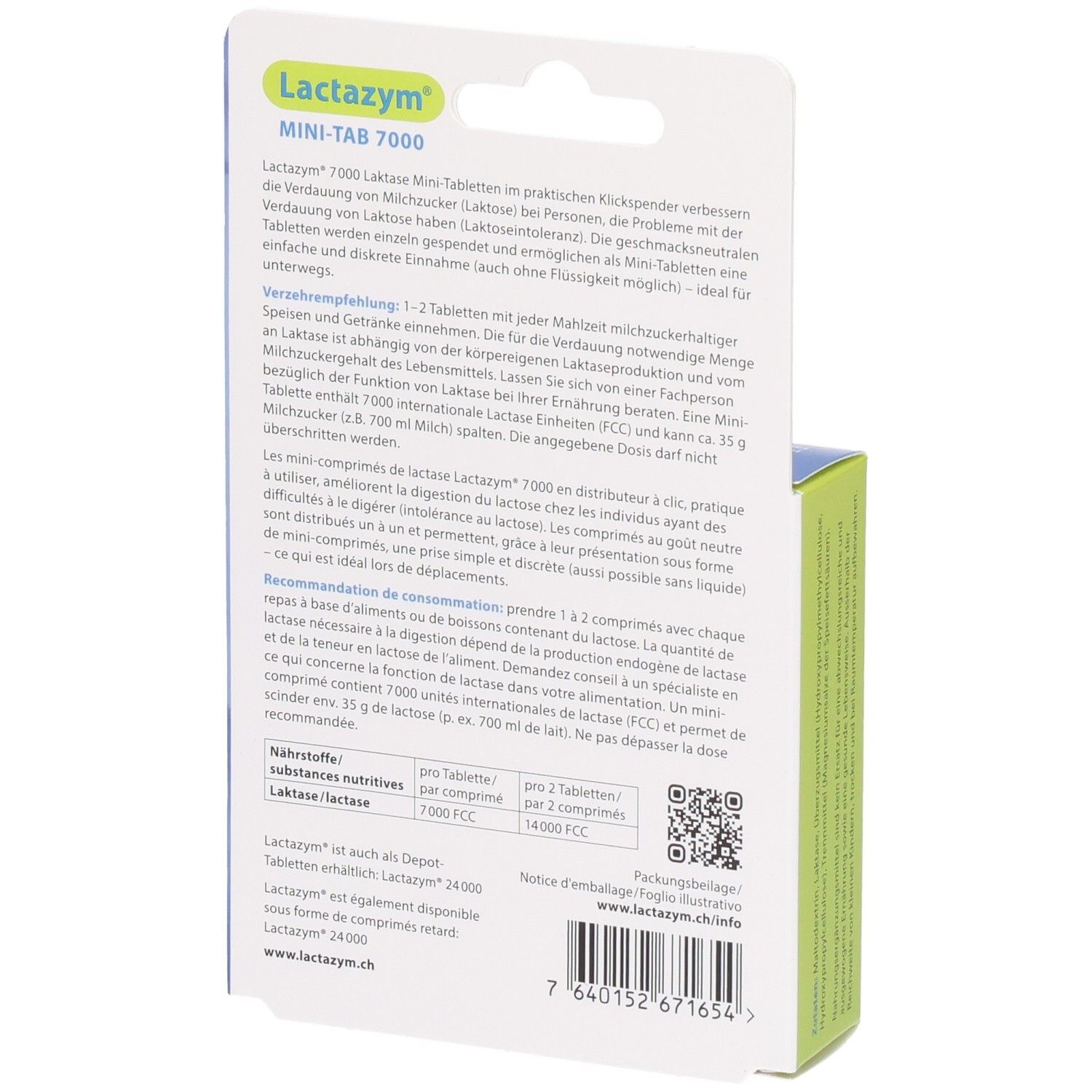 Arrière de l'emballage Lactazym Mini-Tab 7000 avec instructions d'utilisation, informations nutritionnelles et code-barres.