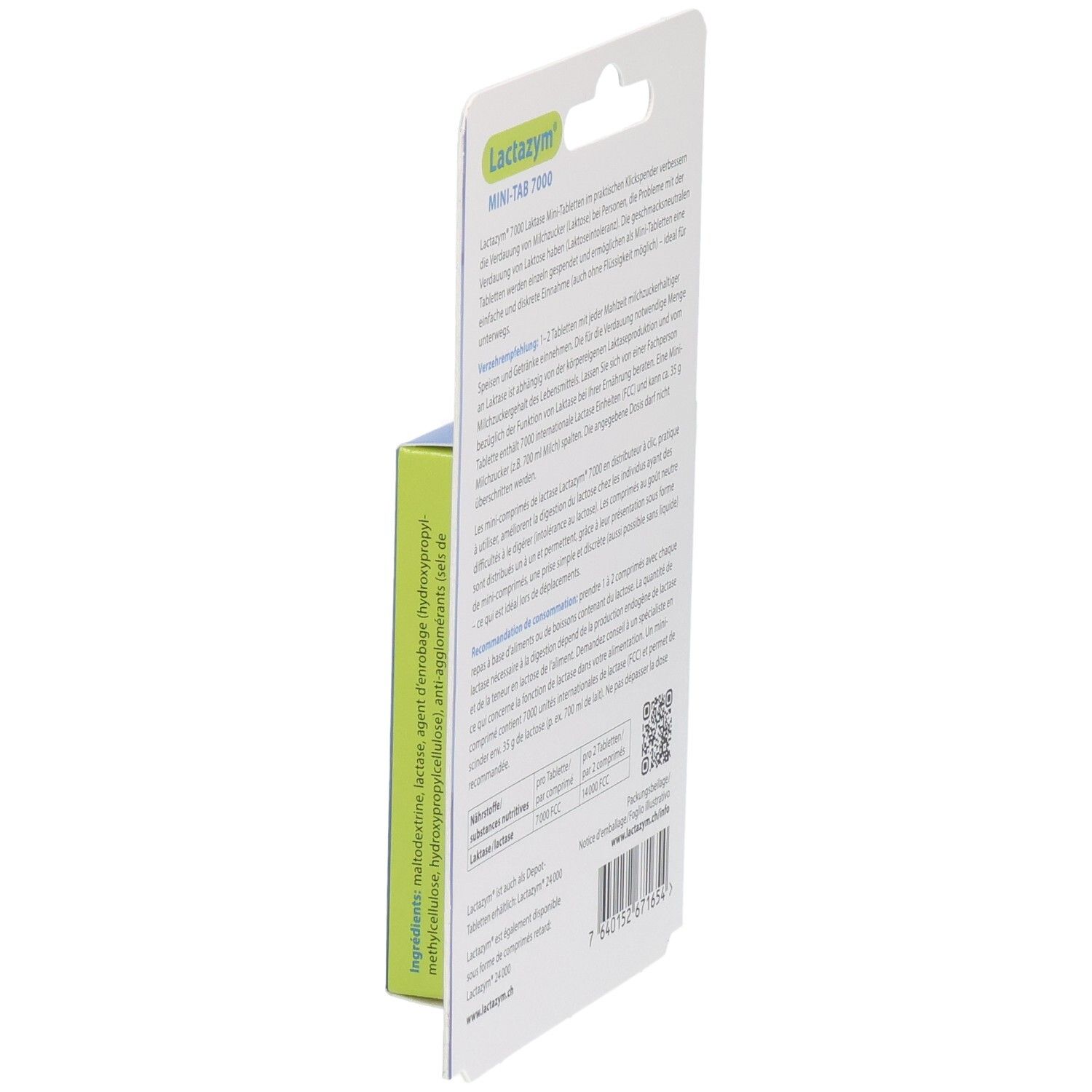 Vue latérale de l'emballage Lactazym Mini-Tab 7000, axée sur les ingrédients et les indications pour végétariens.