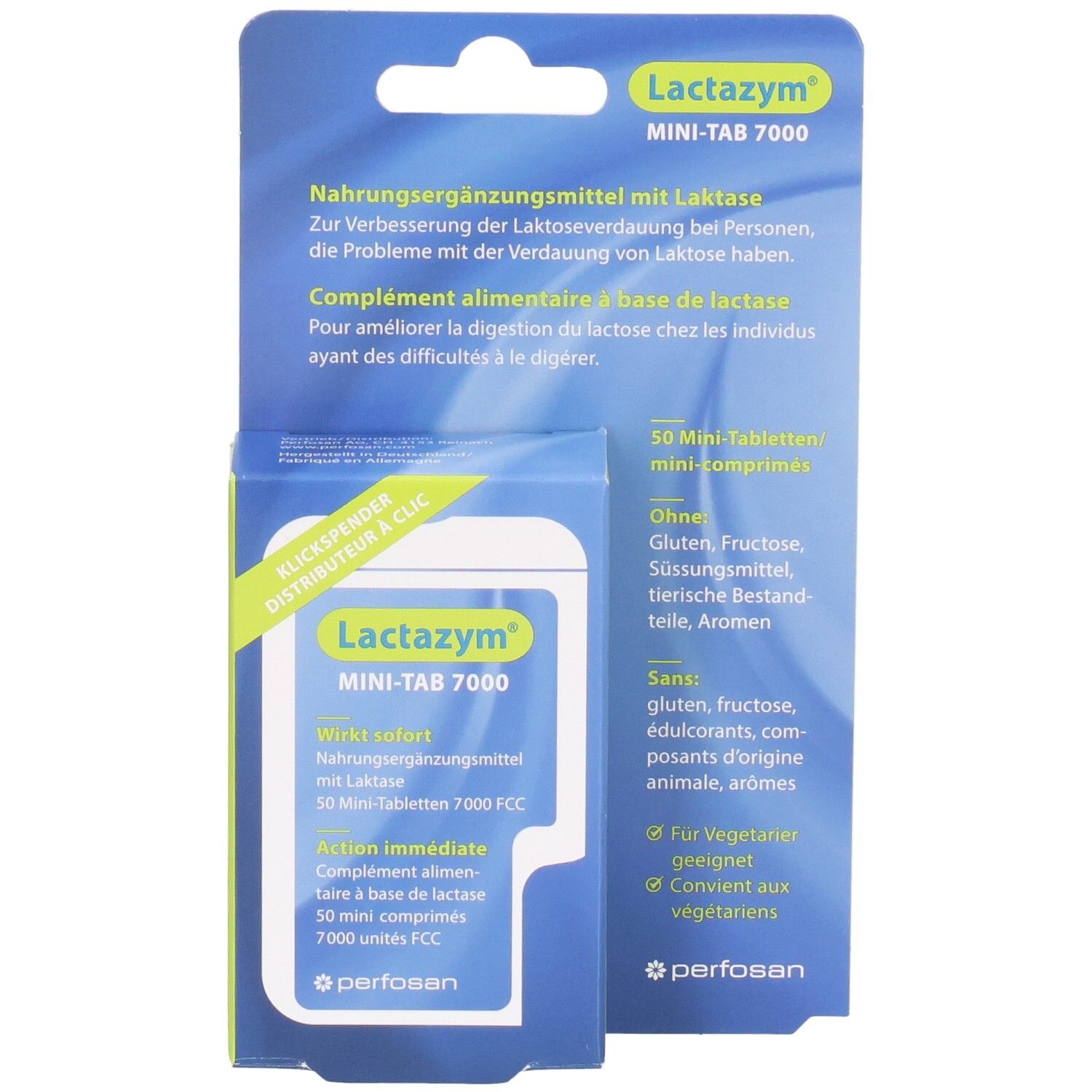 Avant de l'emballage Lactazym Mini-Tab 7000, montrant la boîte de 50 mini-comprimés et les informations sur la lactase.