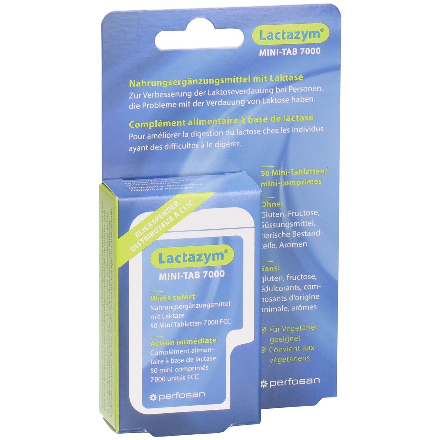 Emballage de Lactazym Mini-Tab 7000, mettant en avant la boîte et le devant de la carte blister.