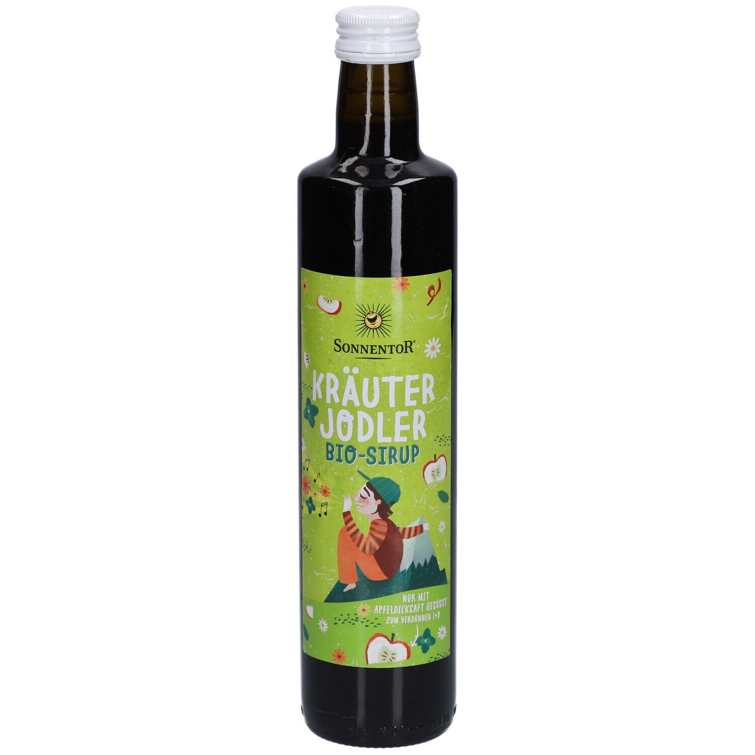 Bouteille en verre brun avec bouchon blanc. Étiquette verte et jaune avec nom du produit et illustration. SONNENTOR® Kräuter Jodler Bio-Sirup.