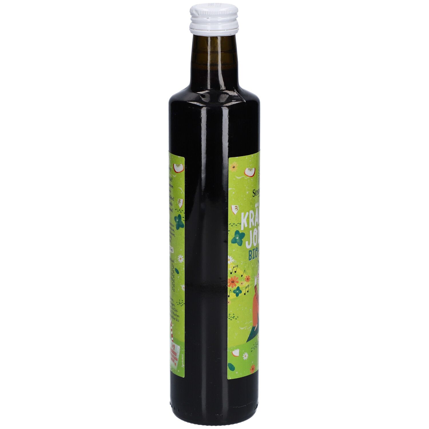 Bouteille en verre brun avec bouchon blanc. Vue latérale de l'étiquette avec informations sur le produit. SONNENTOR® Kräuter Jodler Bio-Sirup.