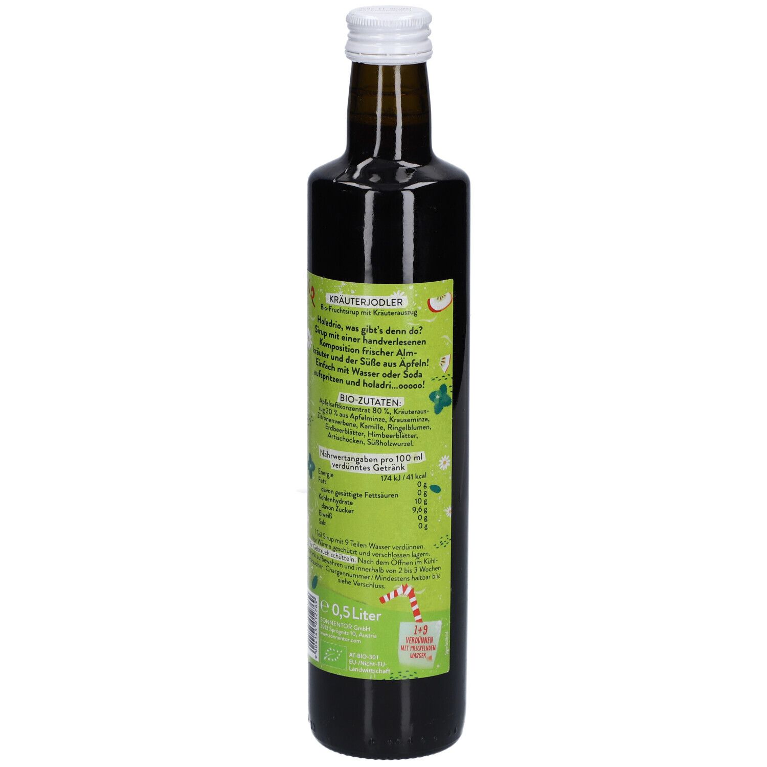 Bouteille en verre brun avec bouchon blanc. Vue arrière de l'étiquette avec ingrédients et informations nutritionnelles. SONNENTOR® Kräuter Jodler Bio-Sirup.