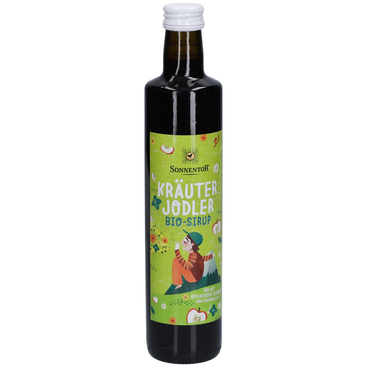 Bouteille en verre brun avec bouchon blanc. Étiquette verte et jaune avec nom du produit et illustration. SONNENTOR® Kräuter Jodler Bio-Sirup.