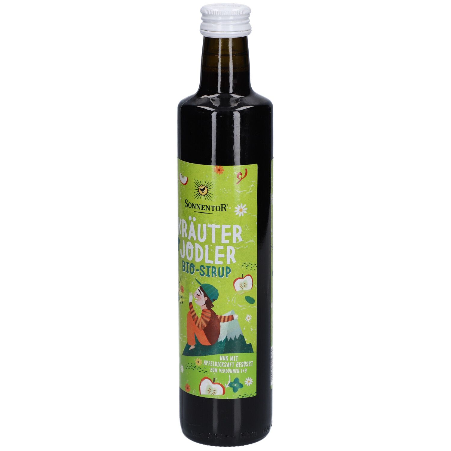 Bouteille en verre brun avec bouchon blanc. Étiquette verte et jaune avec nom du produit et illustration. SONNENTOR® Kräuter Jodler Bio-Sirup.