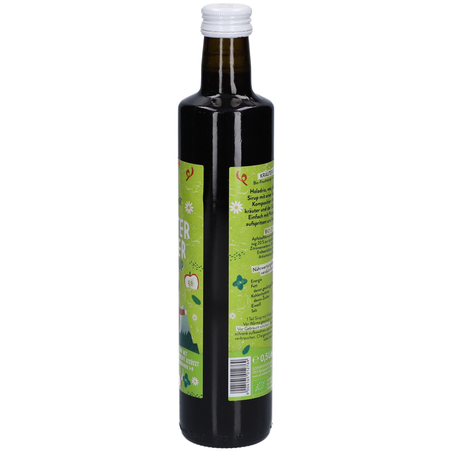 Bouteille en verre brun avec bouchon blanc. Vue arrière de l'étiquette avec informations sur le produit. SONNENTOR® Kräuter Jodler Bio-Sirup.
