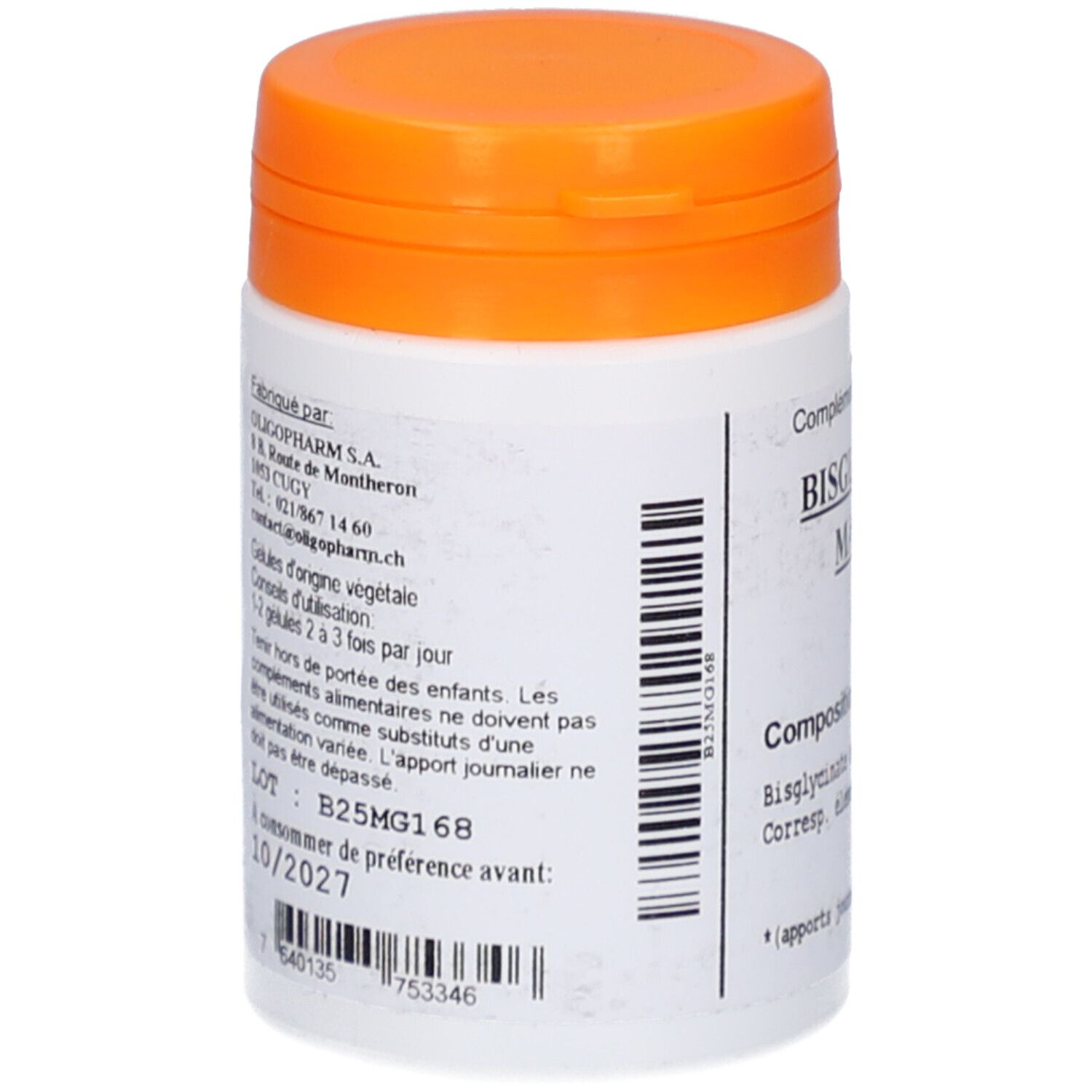 Weißes, zylindrisches Behältnis mit orangefarbenem Deckel. Rückseite mit Herstellerinformationen und Barcode.