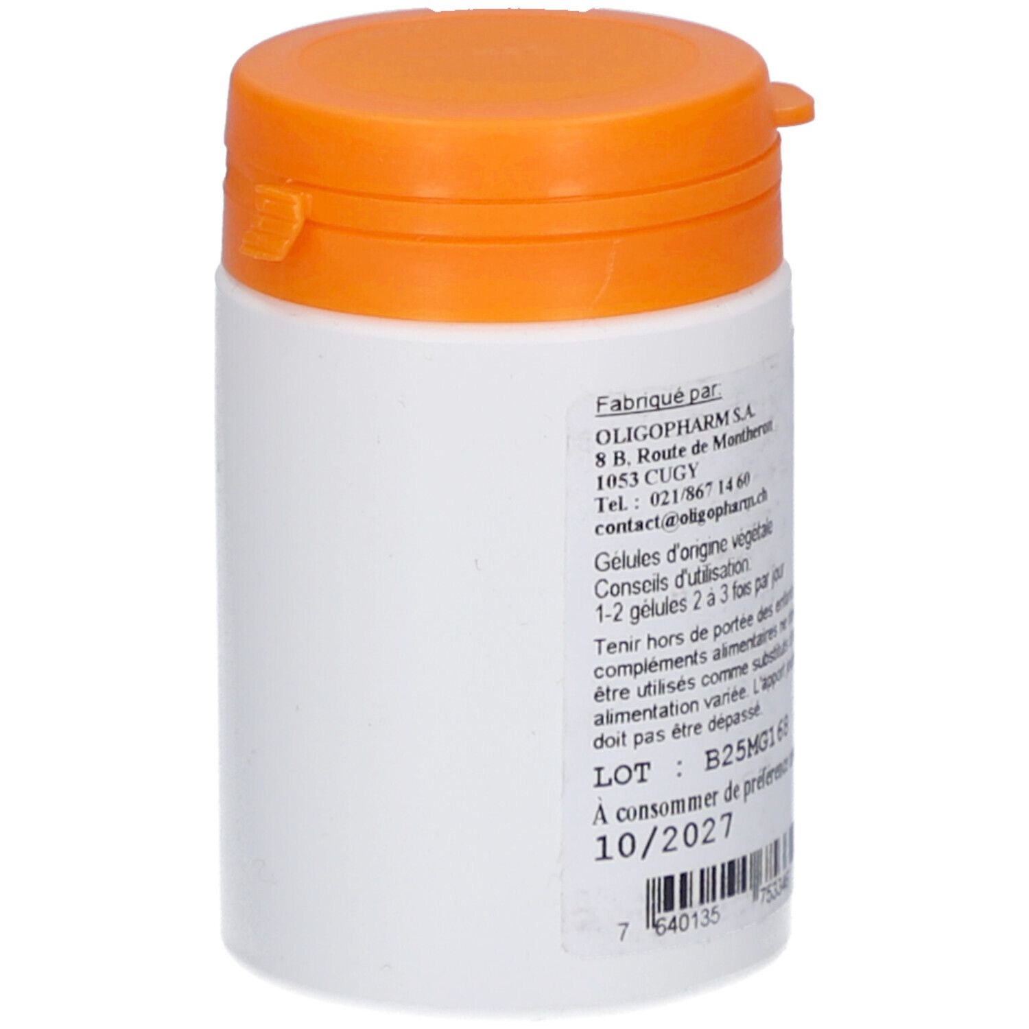 Weißes, zylindrisches Behältnis mit orangefarbenem Deckel. Rückseite mit Herstellerinformationen und Barcode.