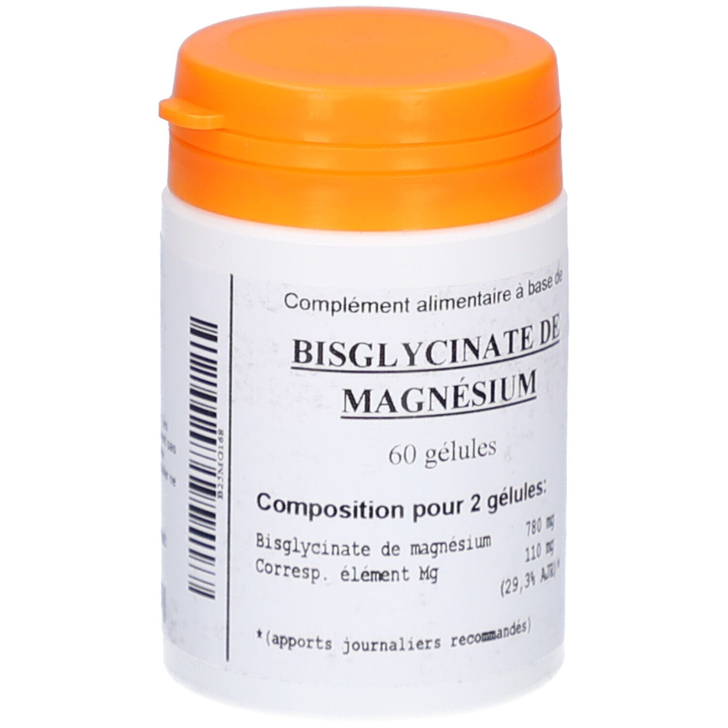 Weißes, zylindrisches Behältnis mit orangefarbenem Deckel. Aufschrift: Bisglycinate de Magnésium, 60 Gelules. Enthält Magnesium.