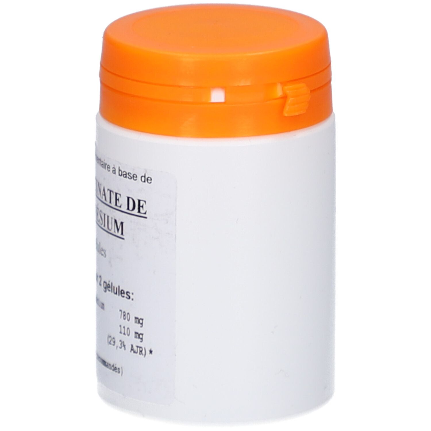 Weißes, zylindrisches Behältnis mit orangefarbenem Deckel. Aufschrift: Bisglycinate de Magnésium, 60 Gelules. Enthält Magnesium.