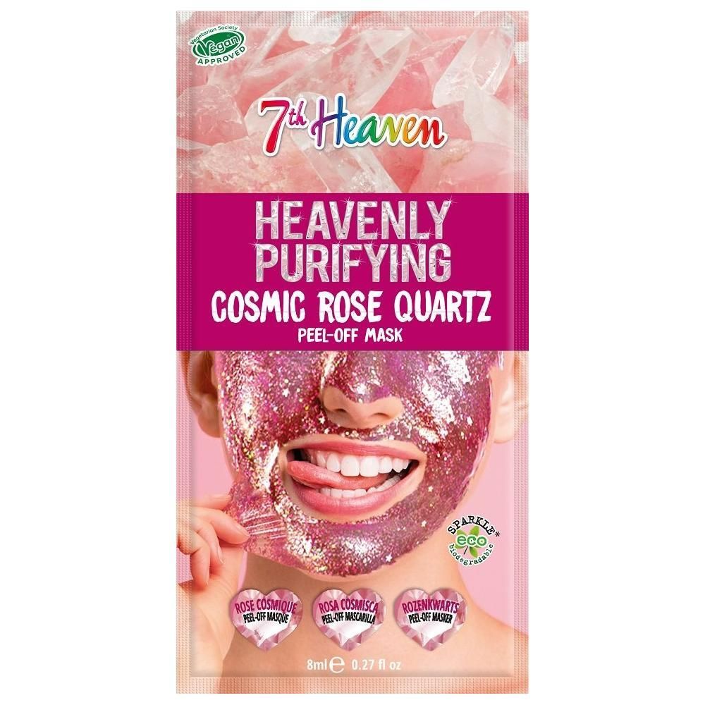 7th Heaven Peel-Off Maske mit Rosenquarz-Effekt. Glitzernde Gesichtsmaske auf der Verpackung.