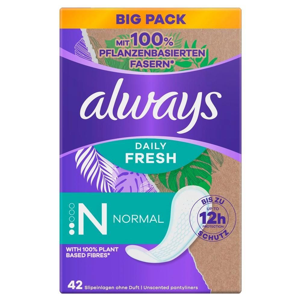 Verpackung von Always Daily Fresh Slipeinlagen. Aufdruck: Always, Daily Fresh, Normal, 42 Slipeinlagen. Mit 100% pflanzenbasierten Fasern.
