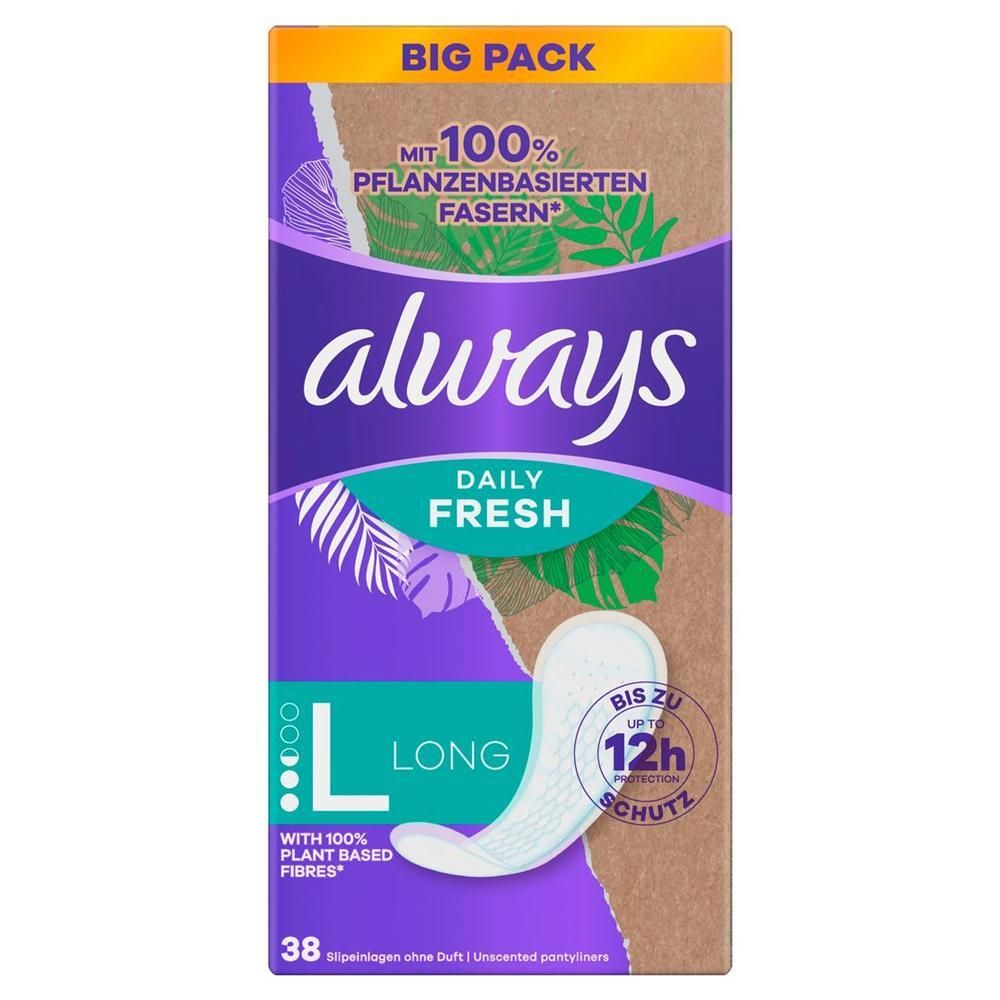Always Daily Fresh Slipeinlagen, Long, BigPack. Verpackung mit Produkt und Logo. 38 Slipeinlagen. Mit 100% pflanzenbasierten Fasern.